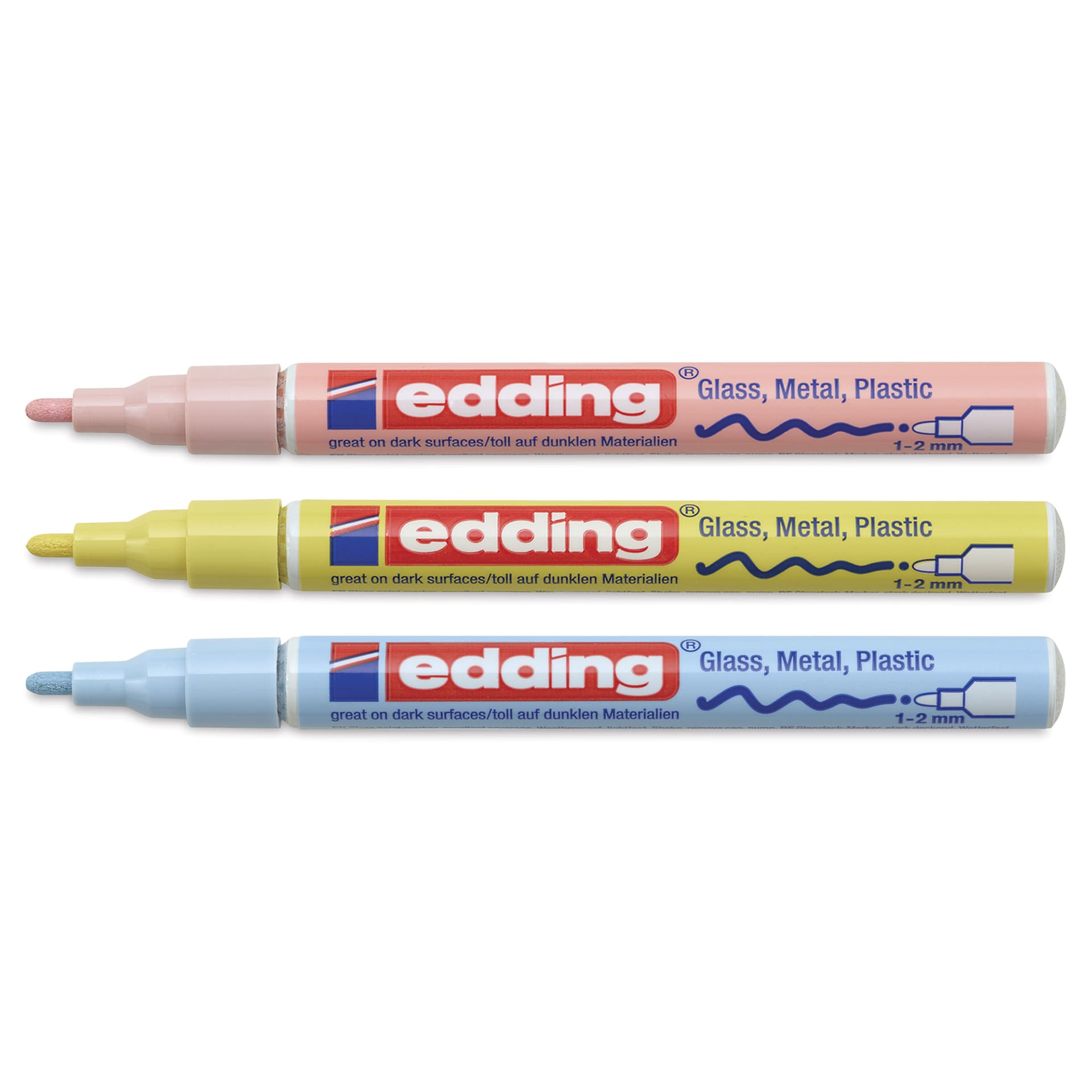 Edding Gloss Paint Markers - Pastel Colors, Set of 3, Round Nib, 1-2 mm, laid out with caps off