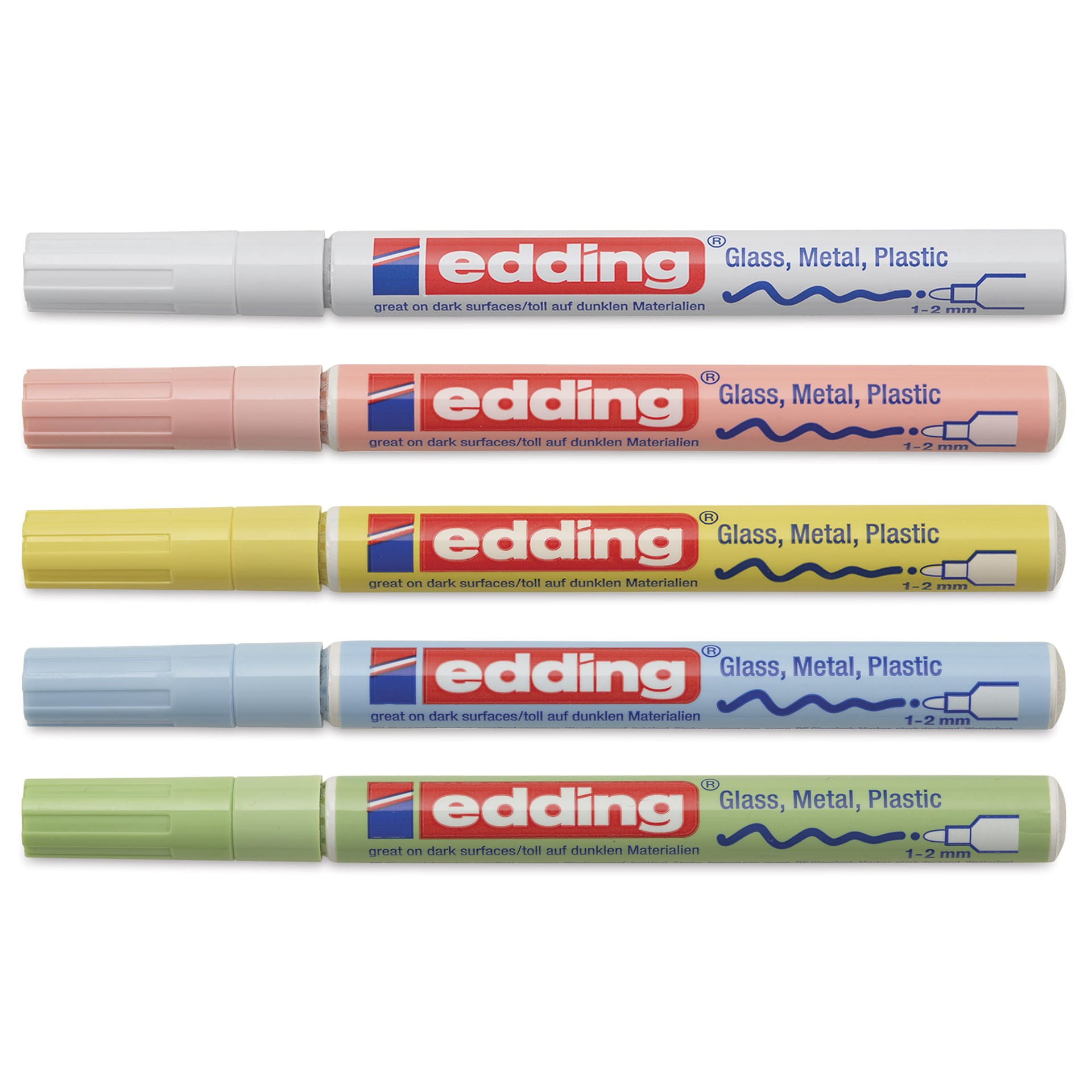 Edding Gloss Paint Markers - Pastel Colors, Set of 5, Round Nib, 1-2 mm, laid out with caps on Edding Gloss Paint Markers - Pastel Colors, Set of 5, Round Nib, 1-2 mm, laid out with caps on