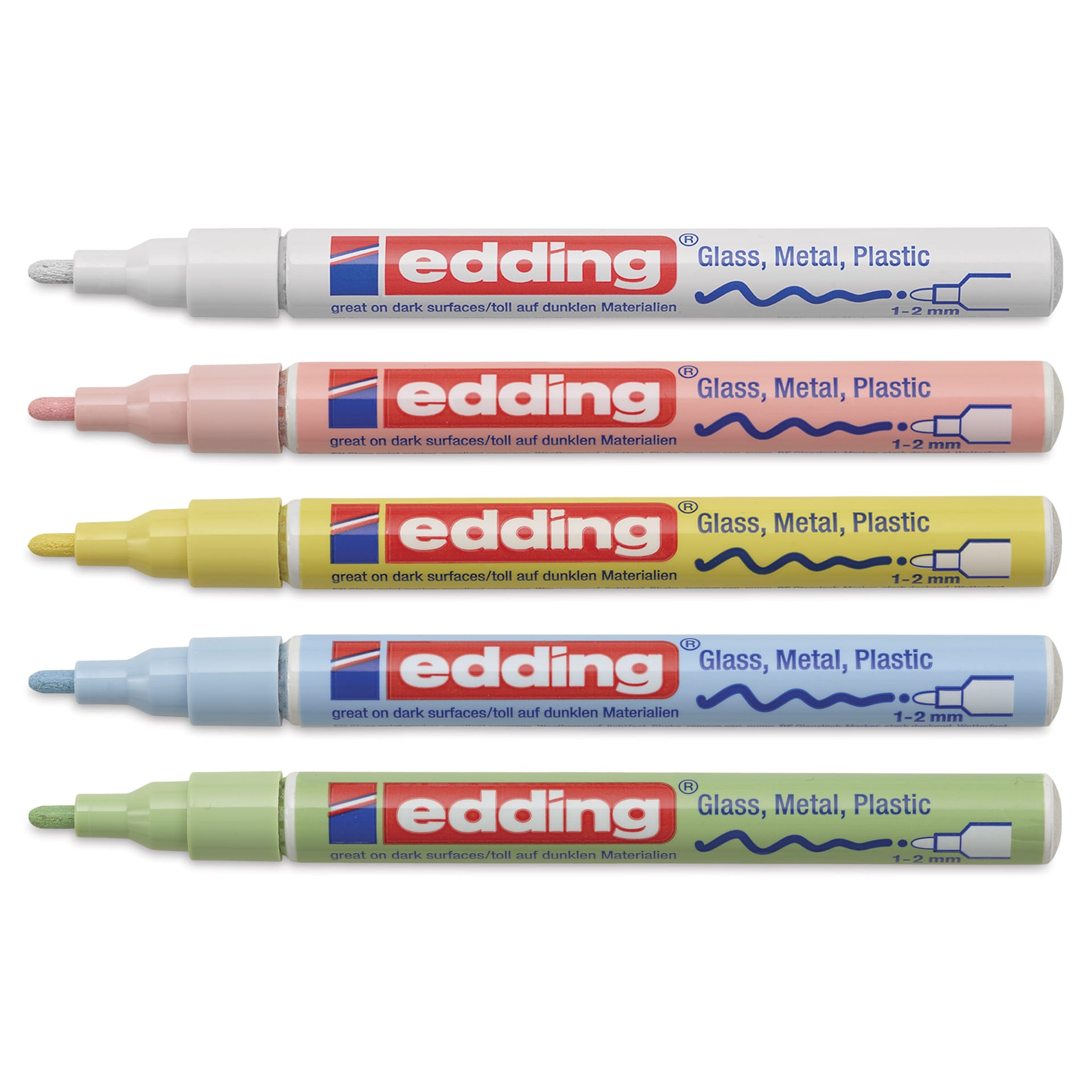 Edding Gloss Paint Markers - Pastel Colors, Set of 5, Round Nib, 1-2 mm, laid out with caps off