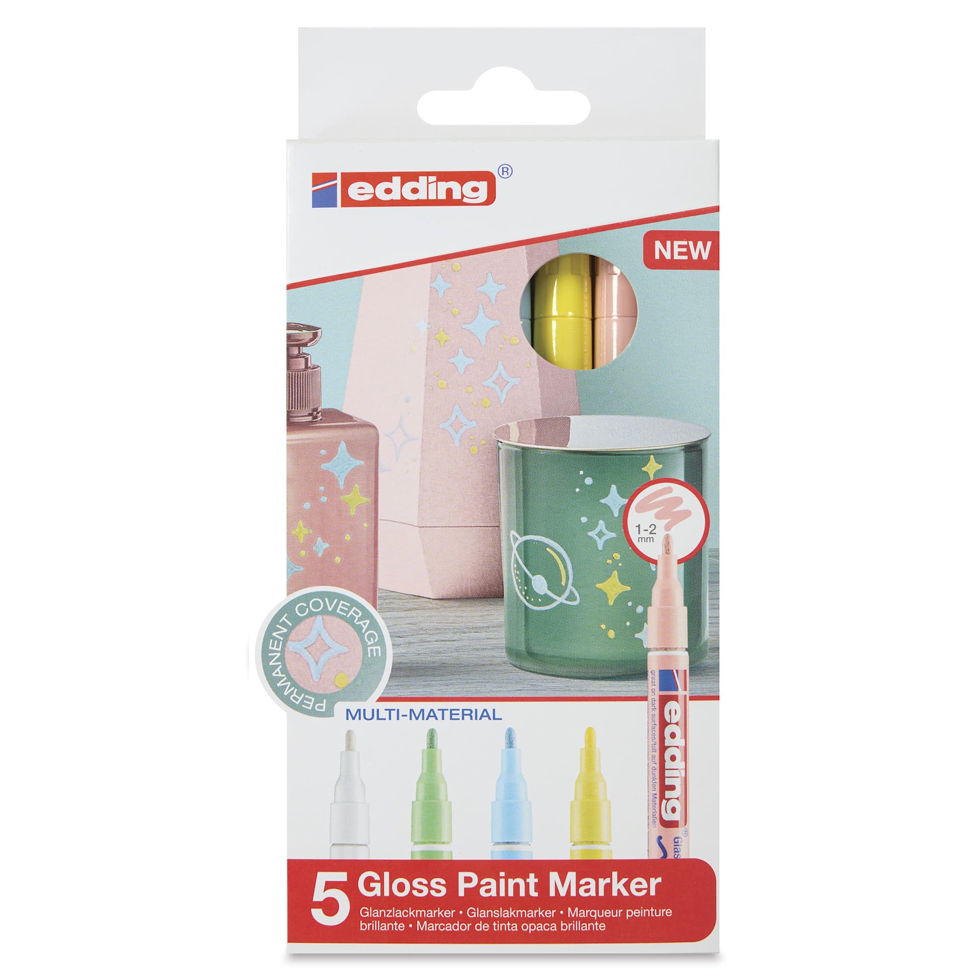 Edding Gloss Paint Markers - Pastel Colors, Set of 5, Round Nib, 1-2 mm, front of the pack