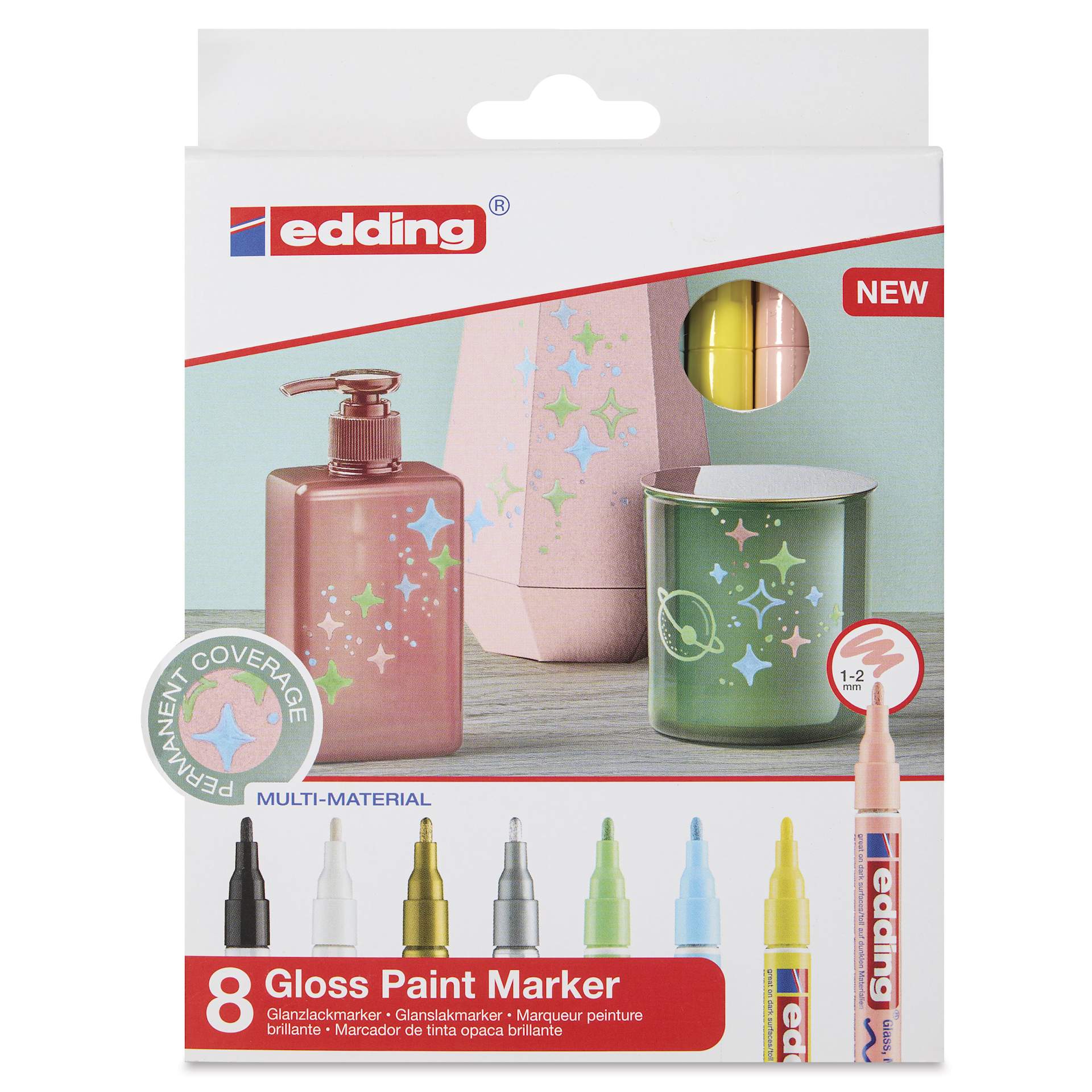 Edding Gloss Paint Markers - Pastel Colors, Set of 8, Round Nib, 1-2 mm, front of the pack Edding Gloss Paint Markers - Pastel Colors, Set of 8, Round Nib, 1-2 mm, front of the pack