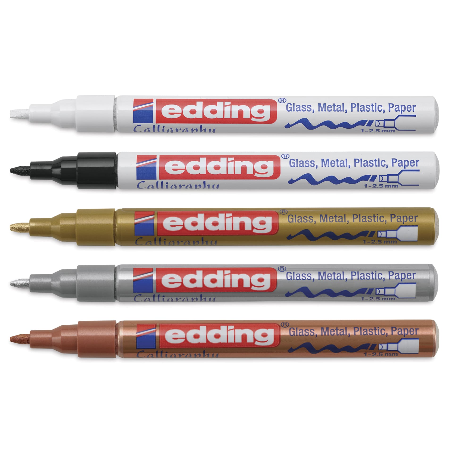 Edding Gloss Paint Markers - Metallic Colors, Set of 5, Calligraphy Nib, 1-5 mm, lai dout with caps off Edding Gloss Paint Markers - Metallic Colors, Set of 5, Calligraphy Nib, 1-5 mm, lai dout with caps off