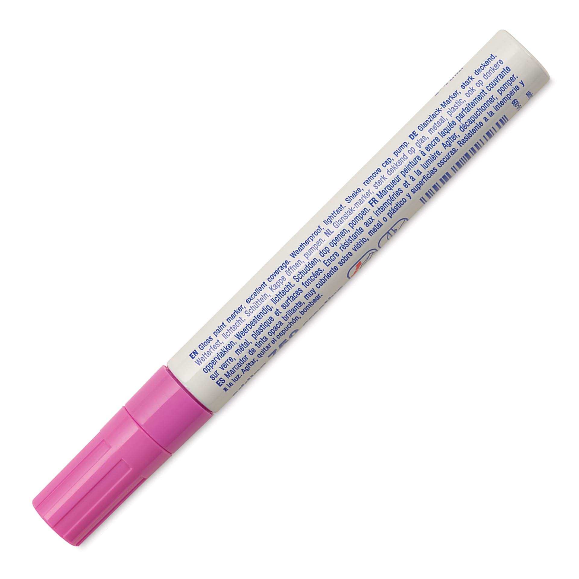 Edding Gloss Paint Marker - Pink, Round Nib, 2-4 mm, marker barrel showing usage instructions