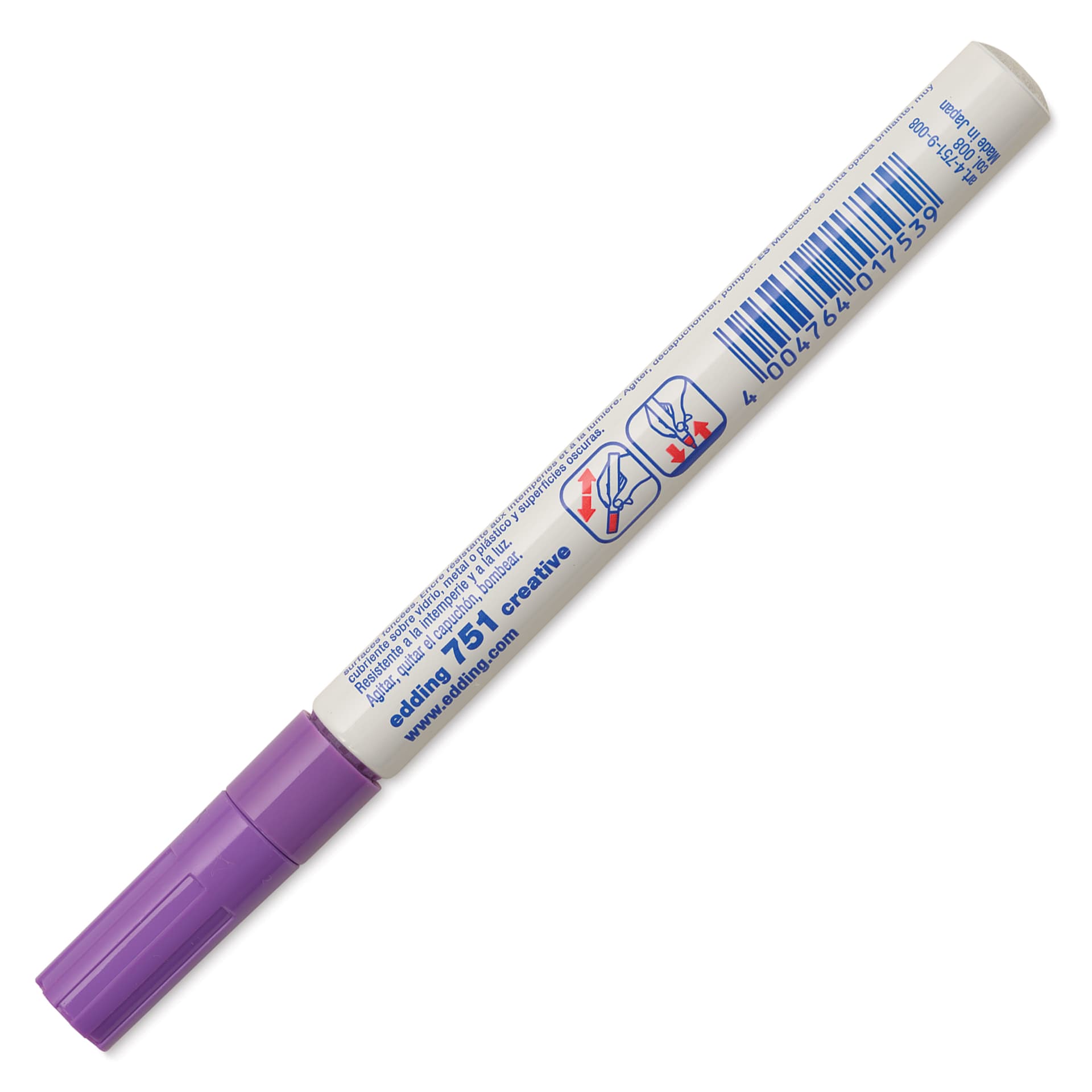 Edding Gloss Paint Marker - Violet, Round Nib, 1-2 mm, marker barrel showing usage instructions