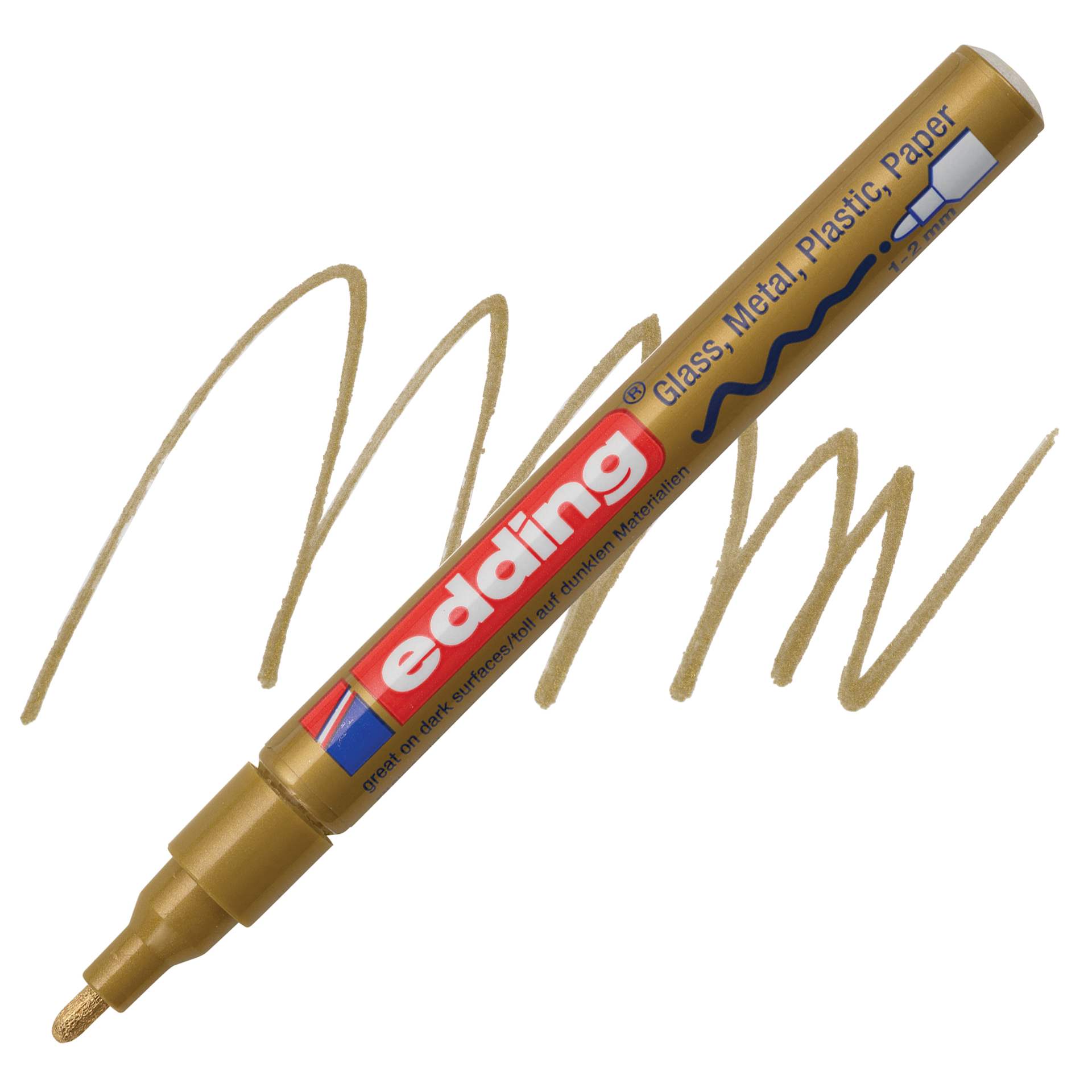 Edding Gloss Paint Marker - Gold, Round Nib, 1-2 mm, swatch and marker