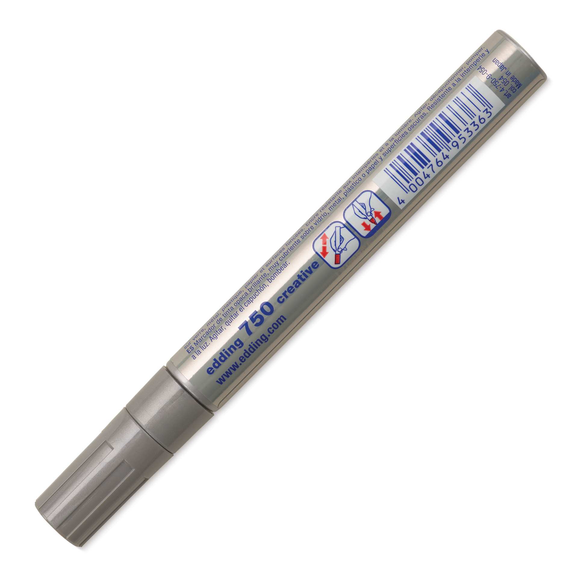 Edding Gloss Paint Marker - Silver, Round Nib, 2-4 mm, marker barrel showing usage instructions