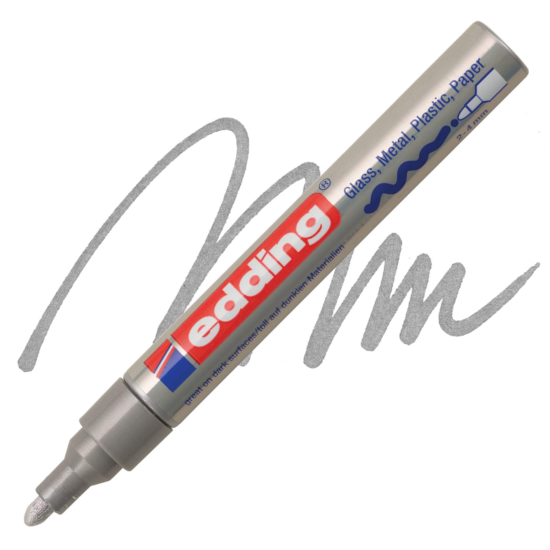 Edding Gloss Paint Marker - Silver, Round Nib, 2-4 mm, swatch and marker