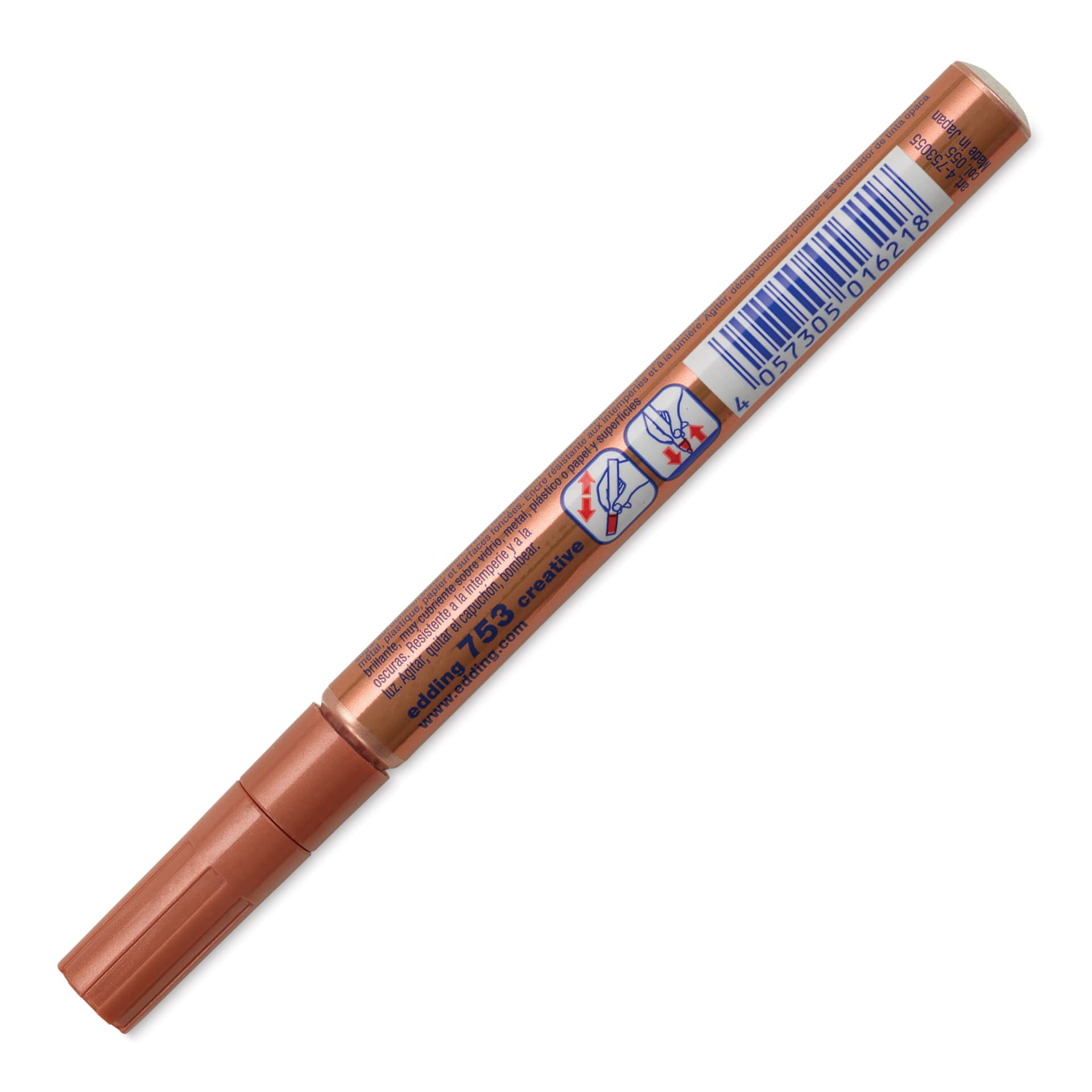 Edding Gloss Paint Marker - Copper, Calligraphy Nib, 1-5 mm, marker barrel showing usage instructions