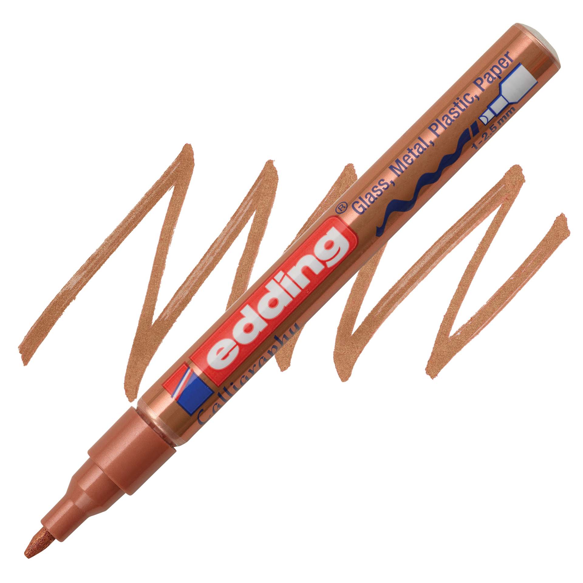 Edding Gloss Paint Marker - Copper, Calligraphy Nib, 1-5 mm, swatch and marker