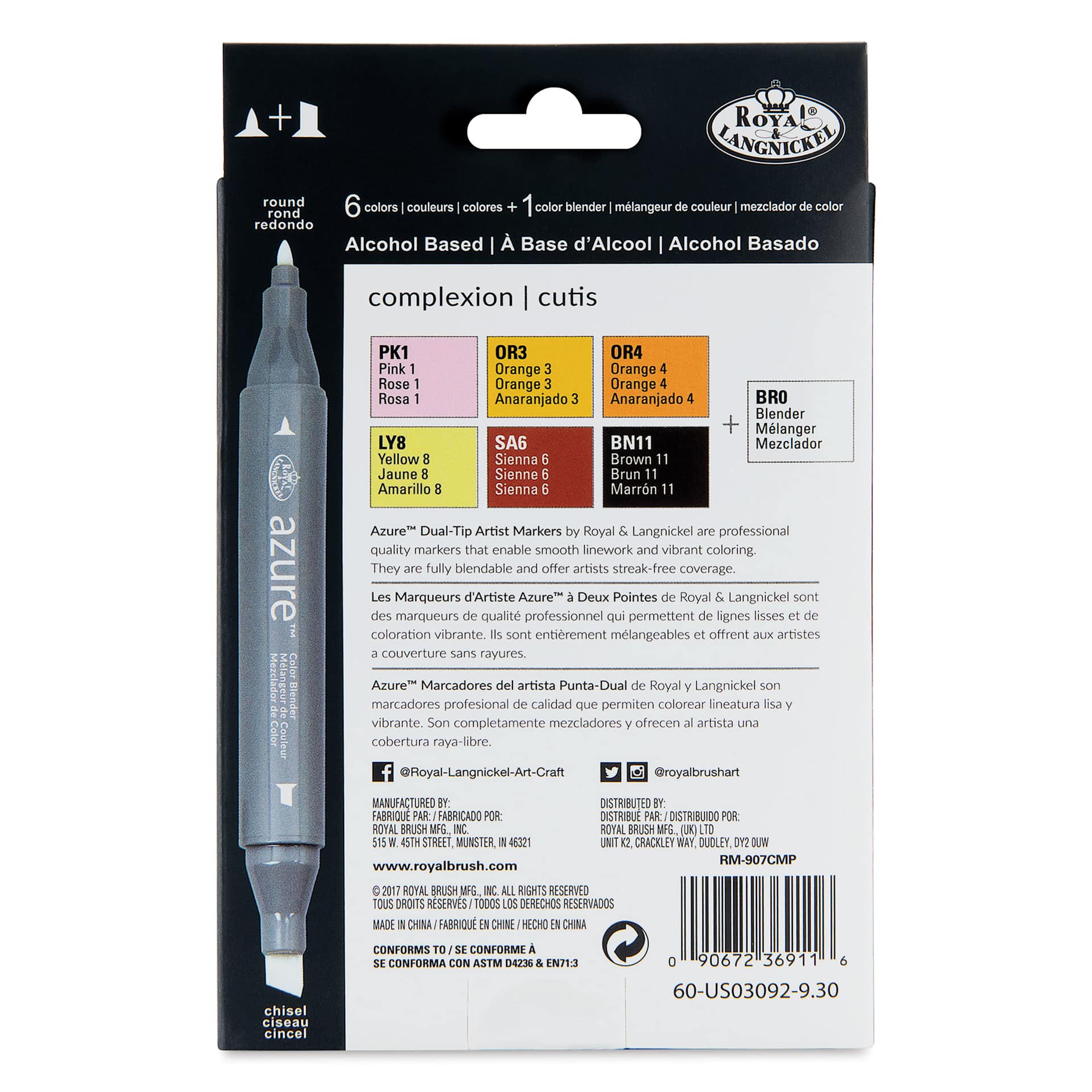 Royal & Langnickel Azure Dual Tip Markers - Set of 7, Complexion Colors, back of the packaging