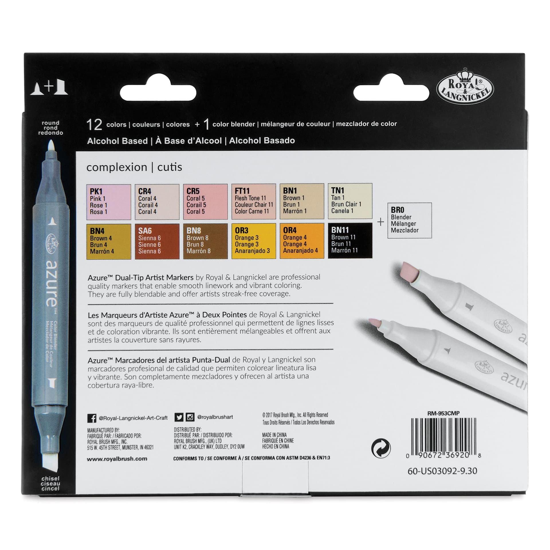 Royal & Langnickel Azure Dual Tip Markers - Set of 13, Complexion Colors, back of the packaging