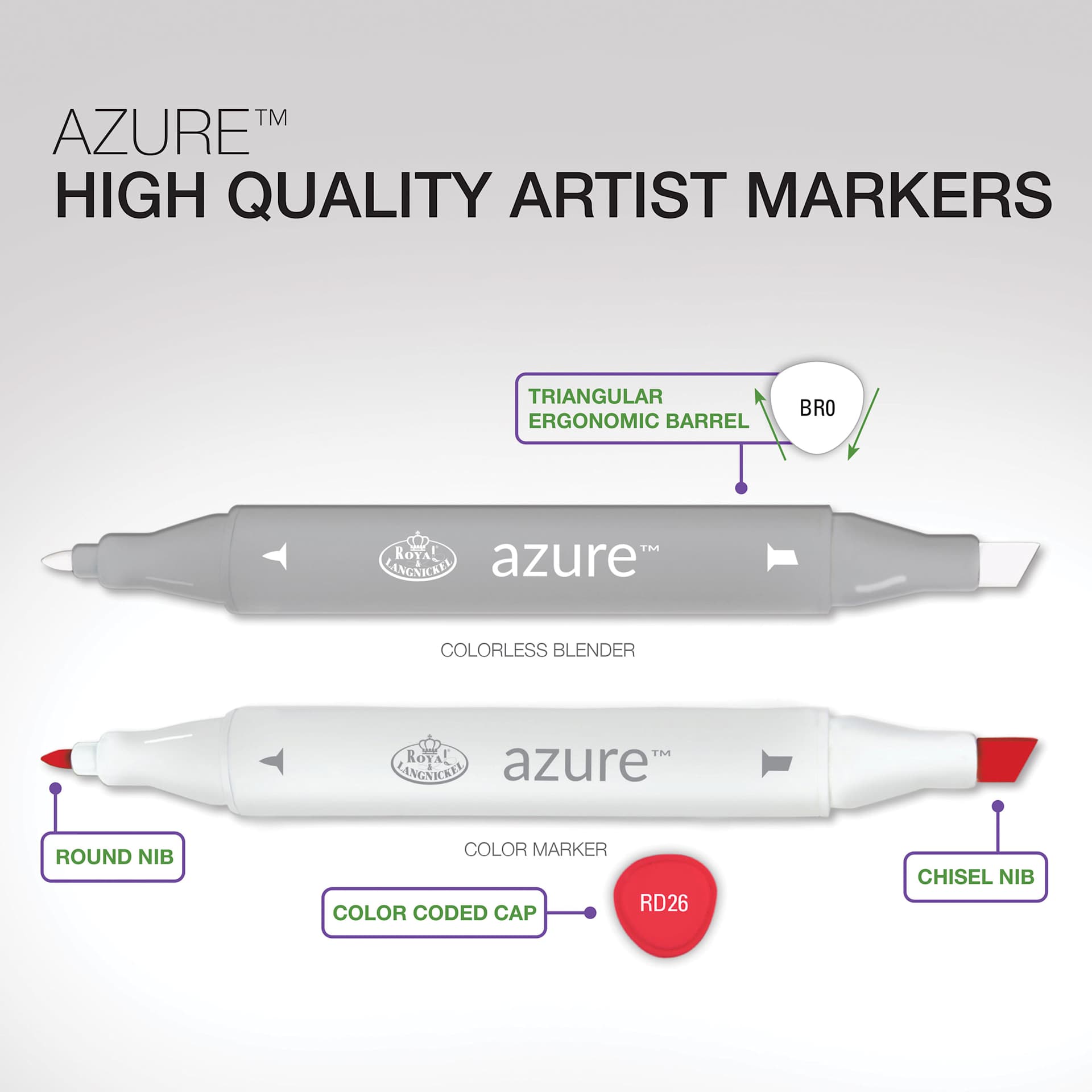 Royal & Langnickel Azure Dual Tip Marker, barrel and nibs information shown Royal & Langnickel Azure Dual Tip Marker, barrel and nibs information shown