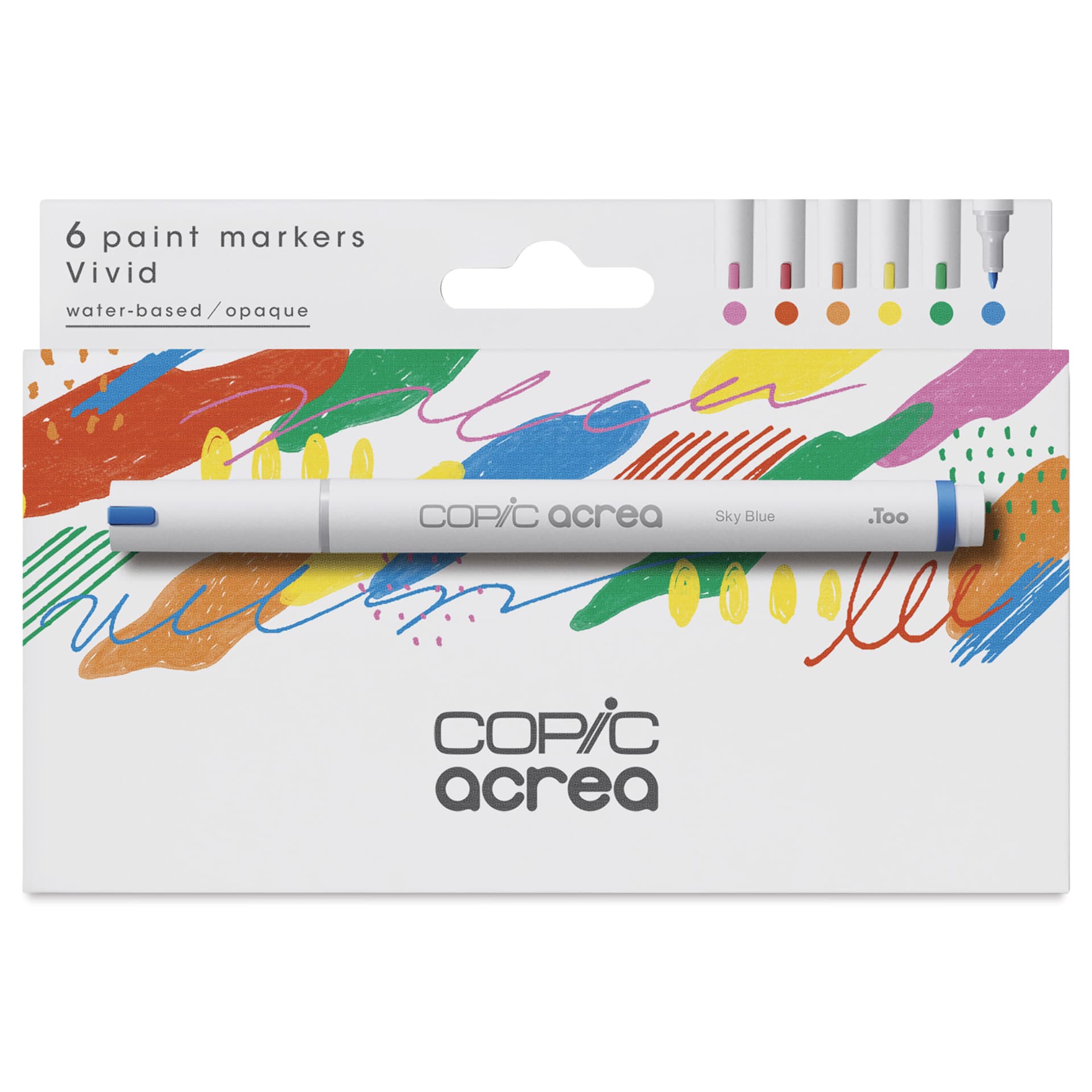 Copic Acrea Paint Markers - Vivid Colors, Set of 6, front of the packaging Copic Acrea Paint Markers - Vivid Colors, Set of 6, front of the packaging