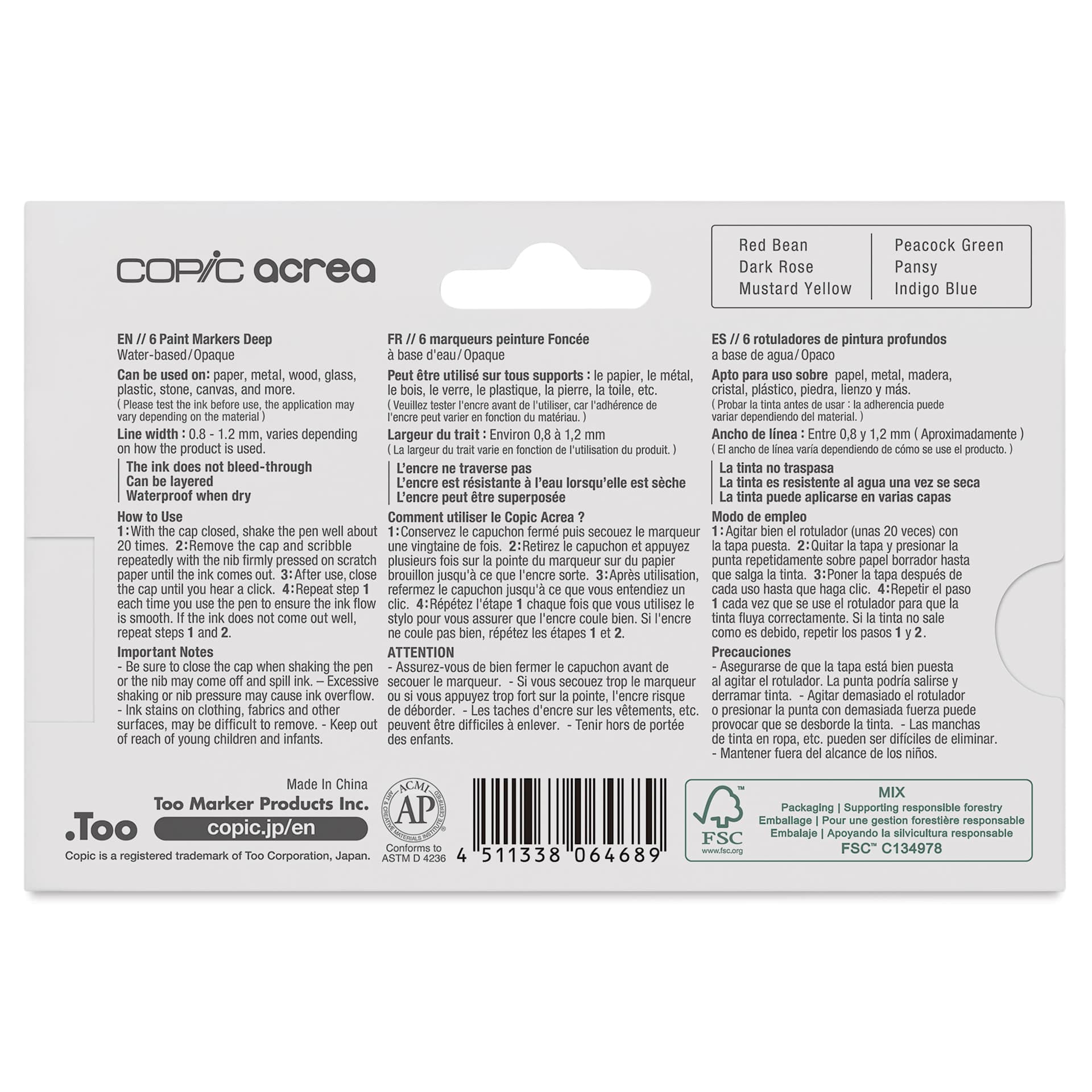 Copic Acrea Paint Markers - Deep Colors, Set of 6, back of the packaging Copic Acrea Paint Markers - Deep Colors, Set of 6, back of the packaging