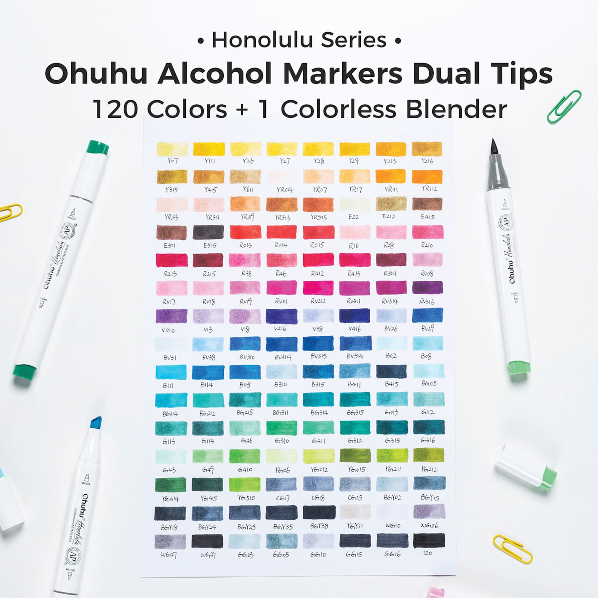 Honolulu Series. Ohuhu Alcohol Markers Dual Tips, 120 Colors, plus one Colorless Blender.