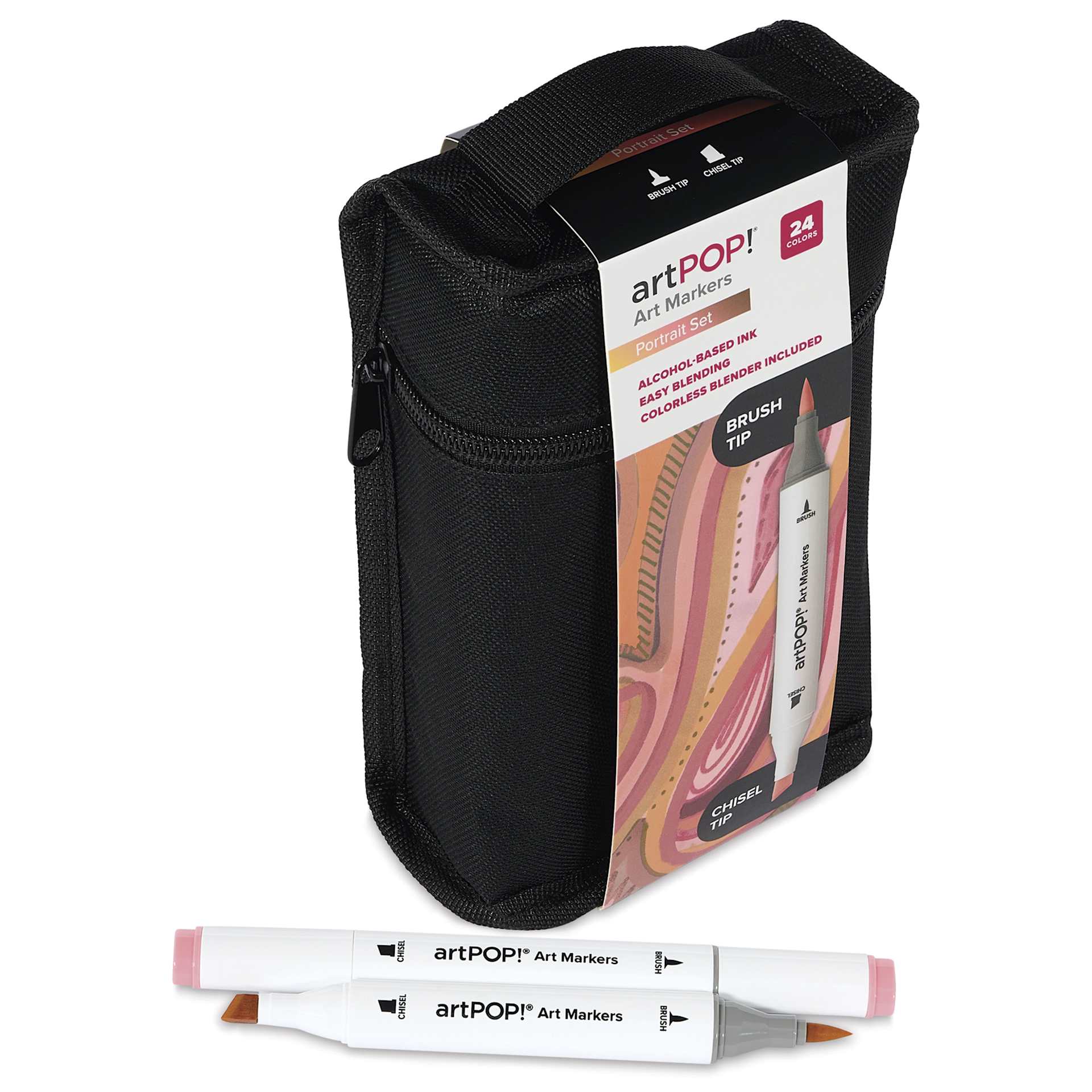 artPOP! Chisel and Brush Dual Tip Alcohol Art Marker Set - Set of 25, Portrait, two markers next to packaging