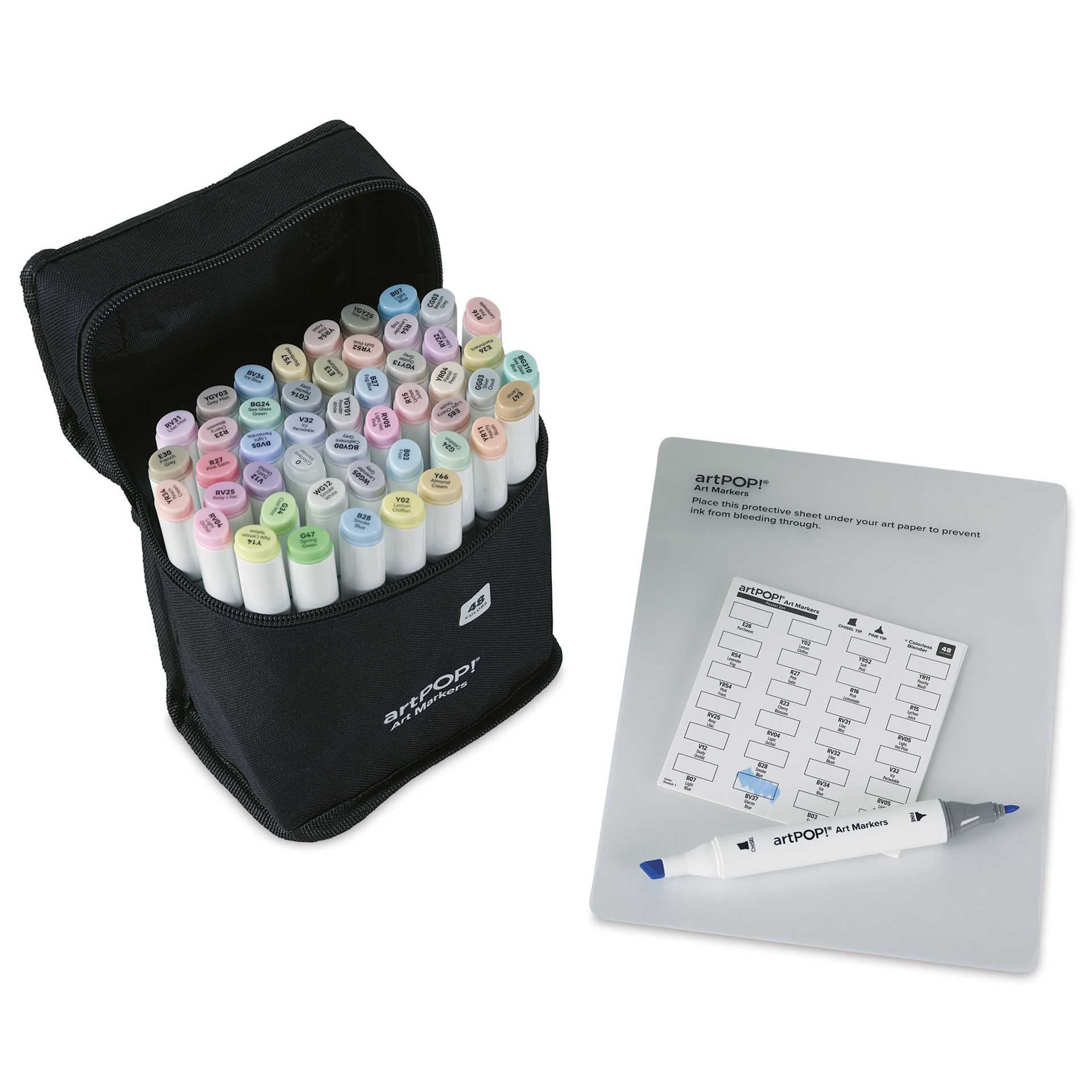 artPOP! Chisel and Fine Dual Tip Alcohol Art Marker Set - Set of 49, Pastel, swatch card next to packaging