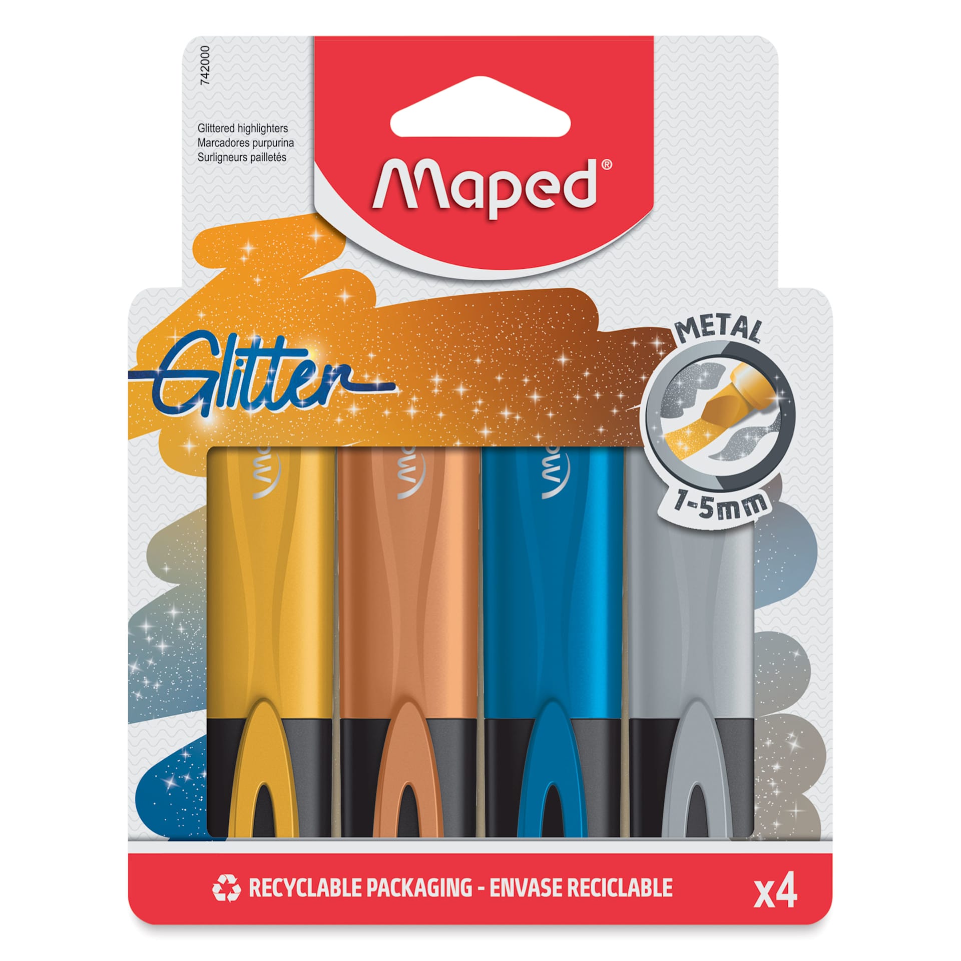 Maped Fluo Peps Highlighters - Set of 4, Metallic Glitter, front of packaging