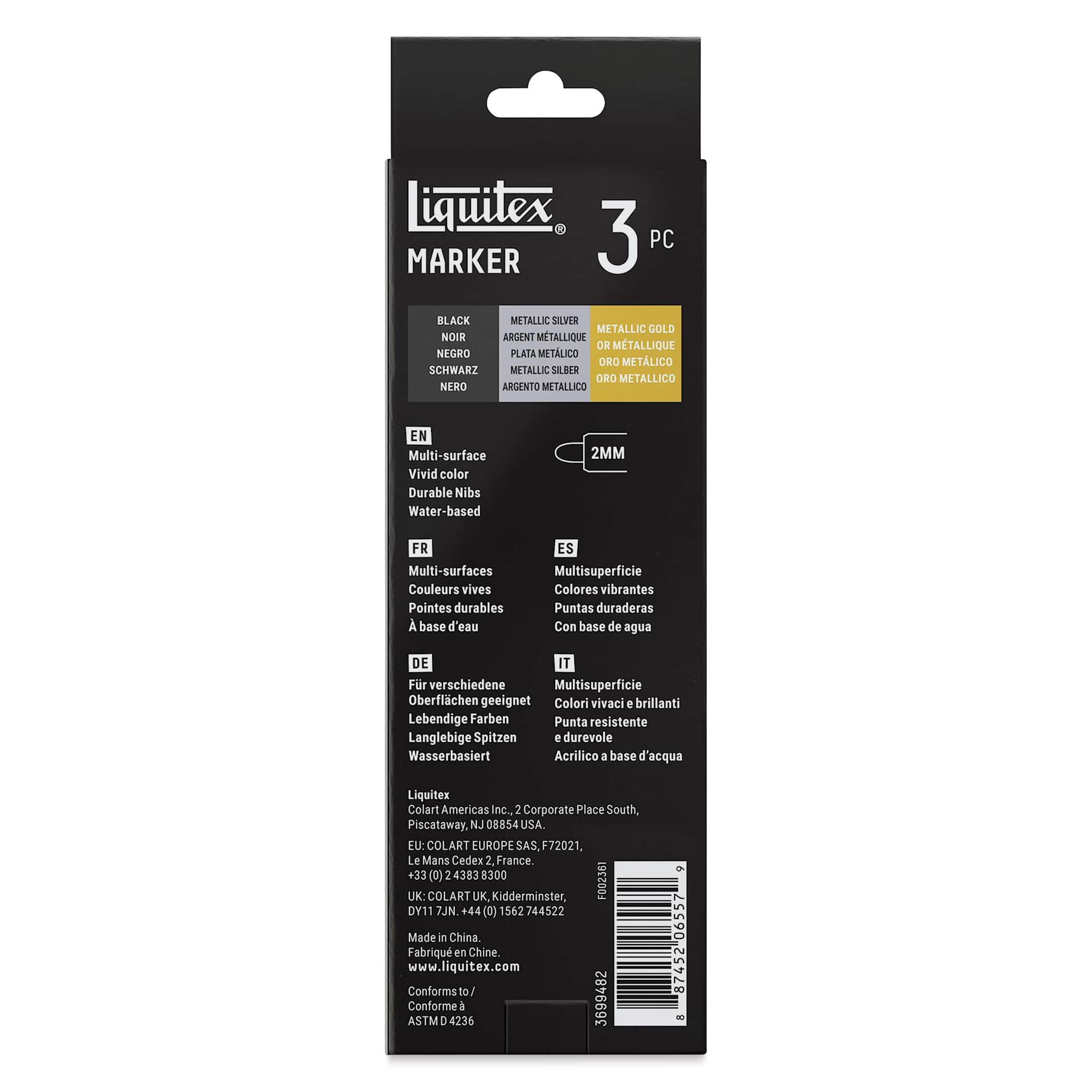Liquitex Markers - Set of 3, Accent Colors, Bullet Tip, 2 mm, back of packaging