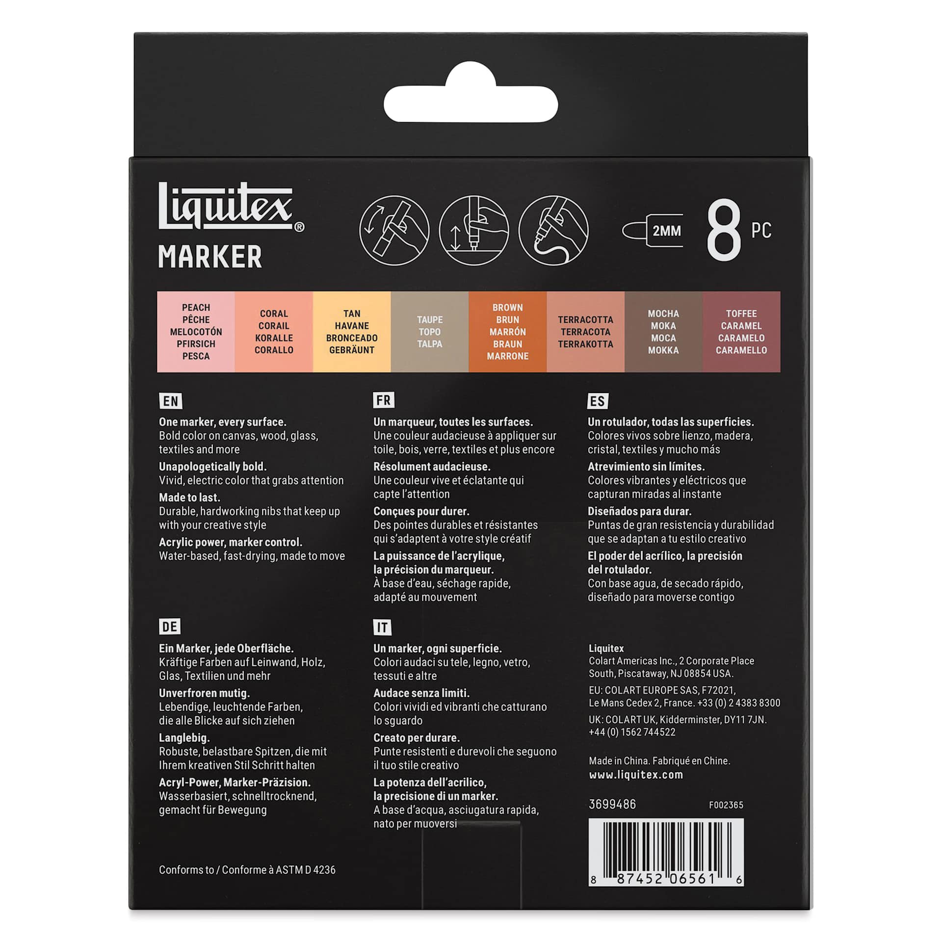 Liquitex Markers - Set of 8, Portrait Colors, Bullet Tip, 2 mm, back of packaging