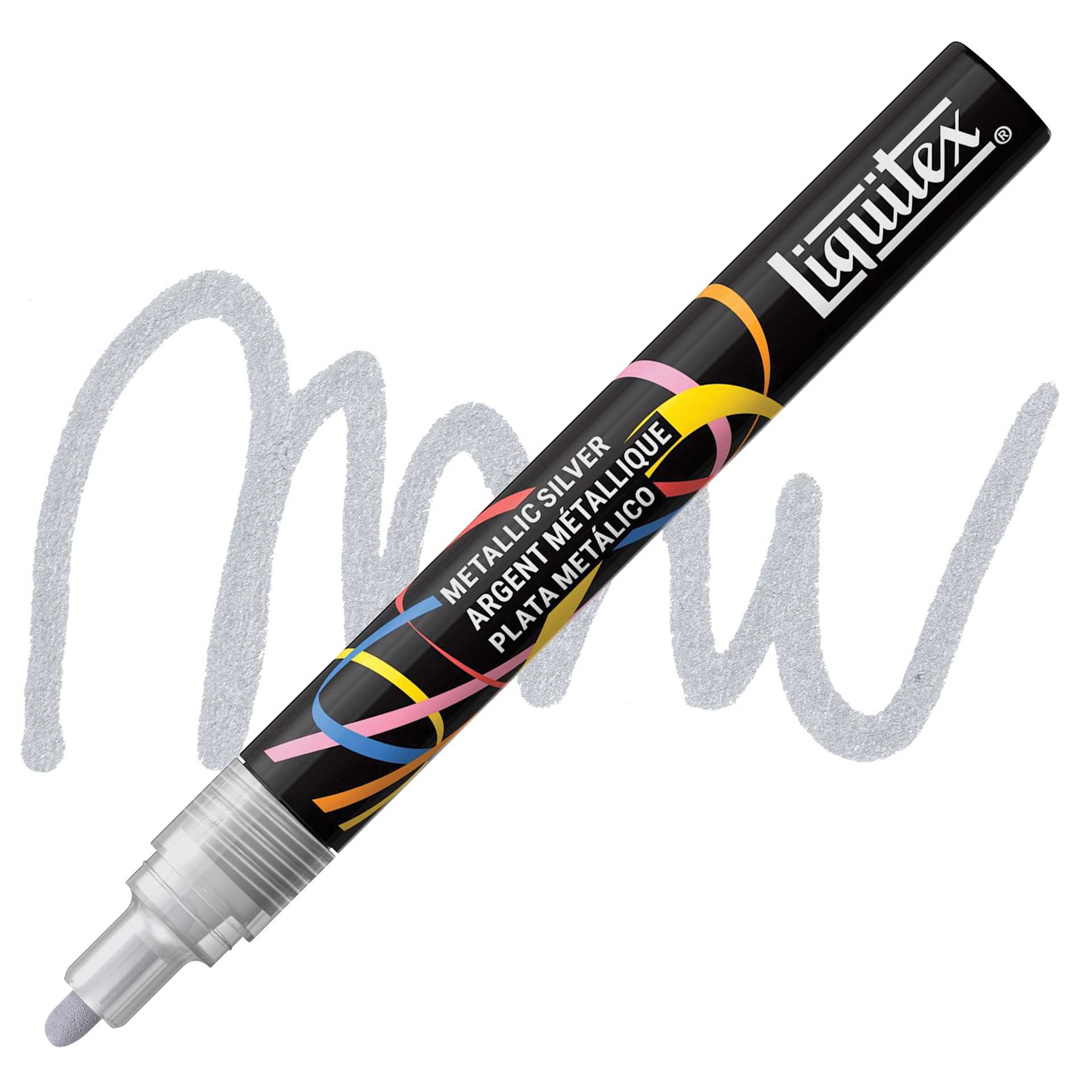 Liquitex Marker - Metallic Silver, Bullet Tip, 2 mm marker with swatch