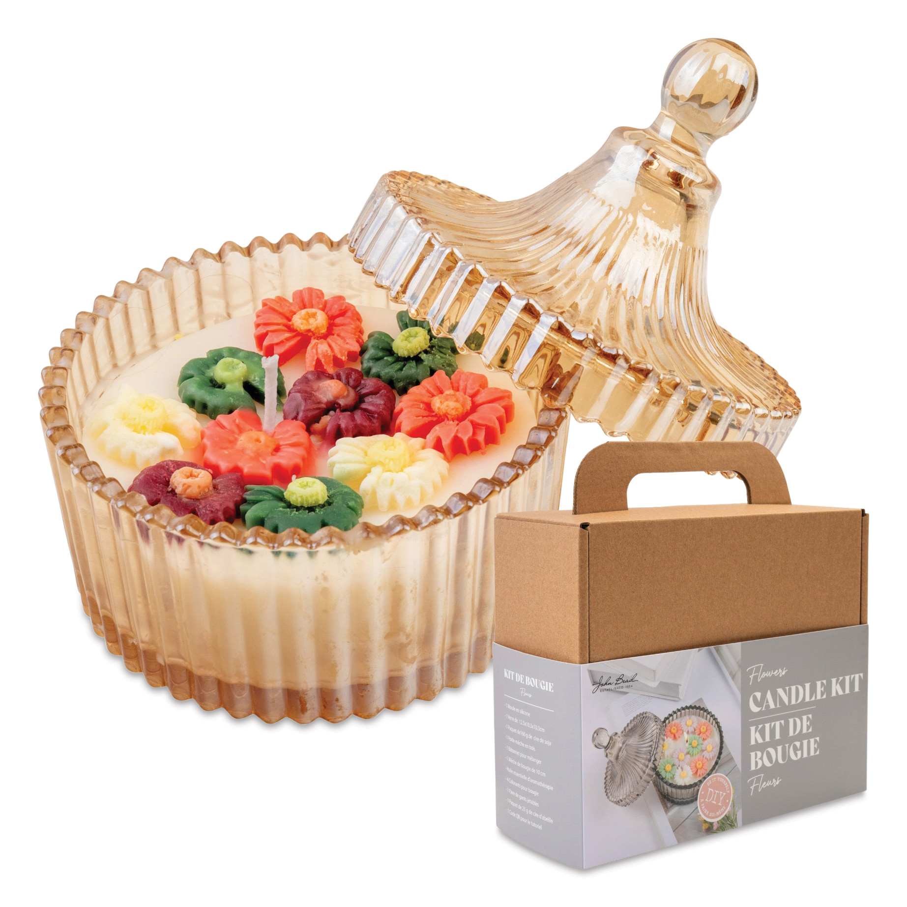 John Bead Flower Candle Making Kit finished project with packaging