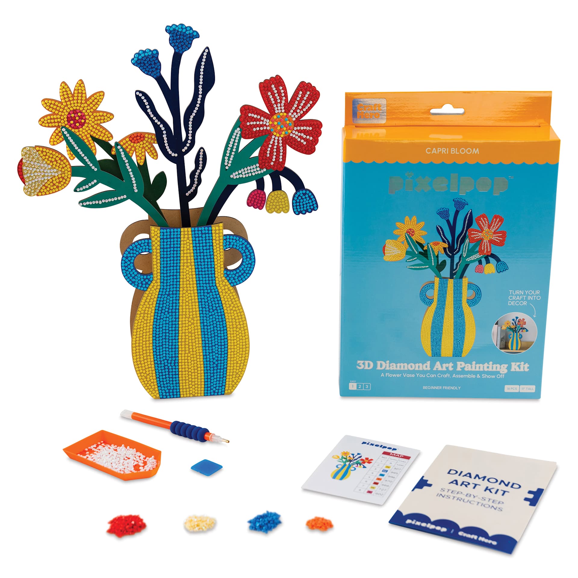 Craft Hero PixelPop 3D Flower Display Kit - Capri Bloom, packaging and finished piece