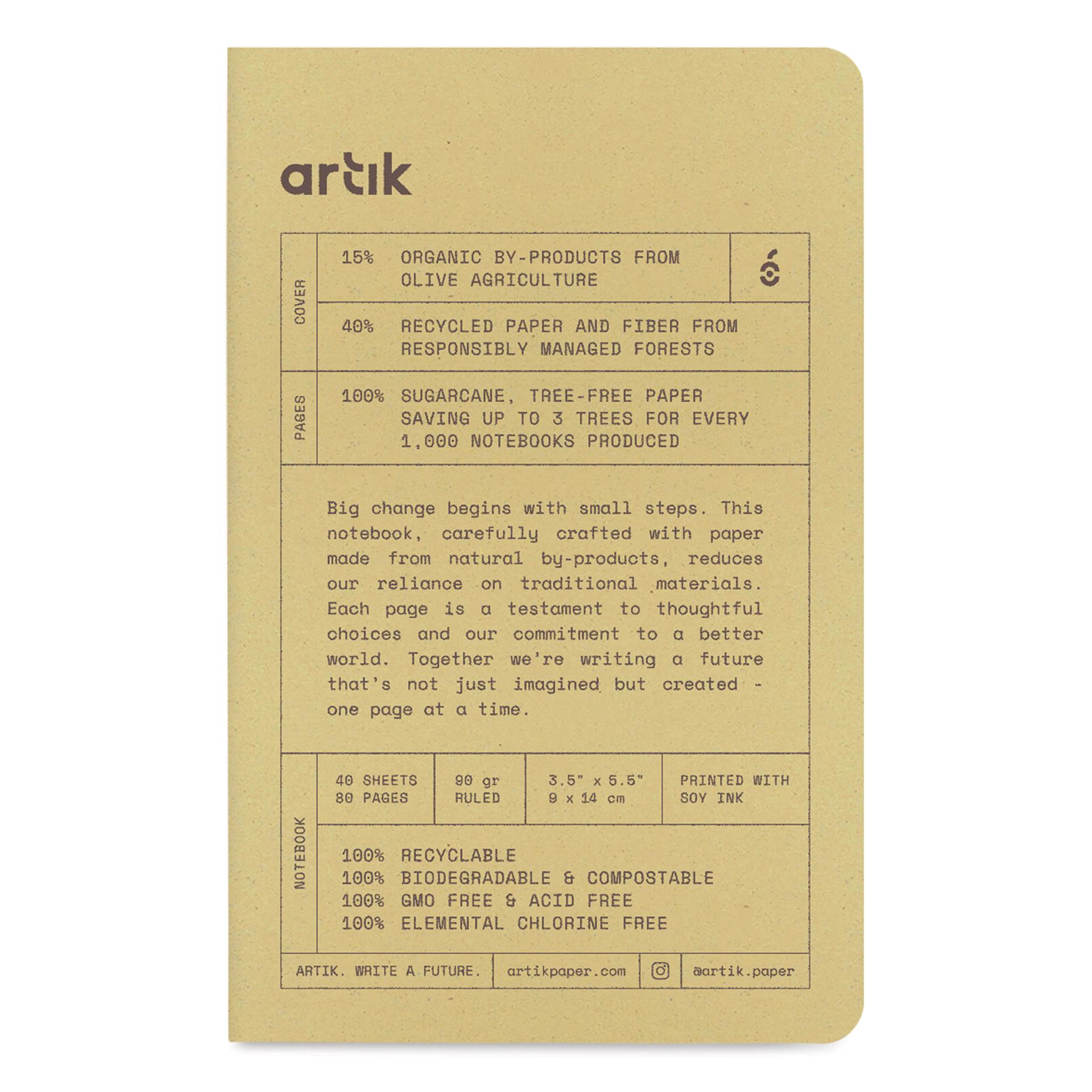 Artik Singer Sewn Notebook - Olive, 3-1/2" x 5-1/2", Ruled, Pkg of 3, front cover