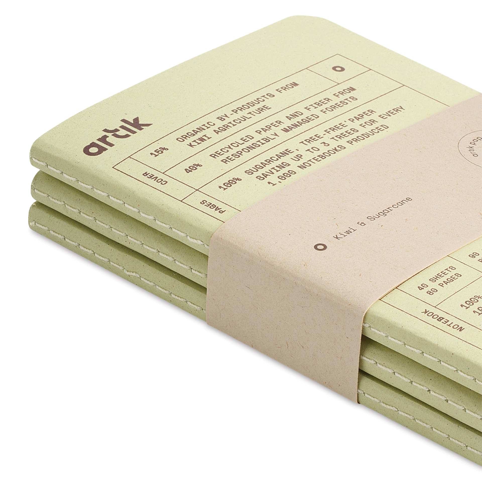 Artik Singer Sewn Notebook - Kiwi, 3-1/2" x 5-1/2", Dot Grid, Pkg of 3