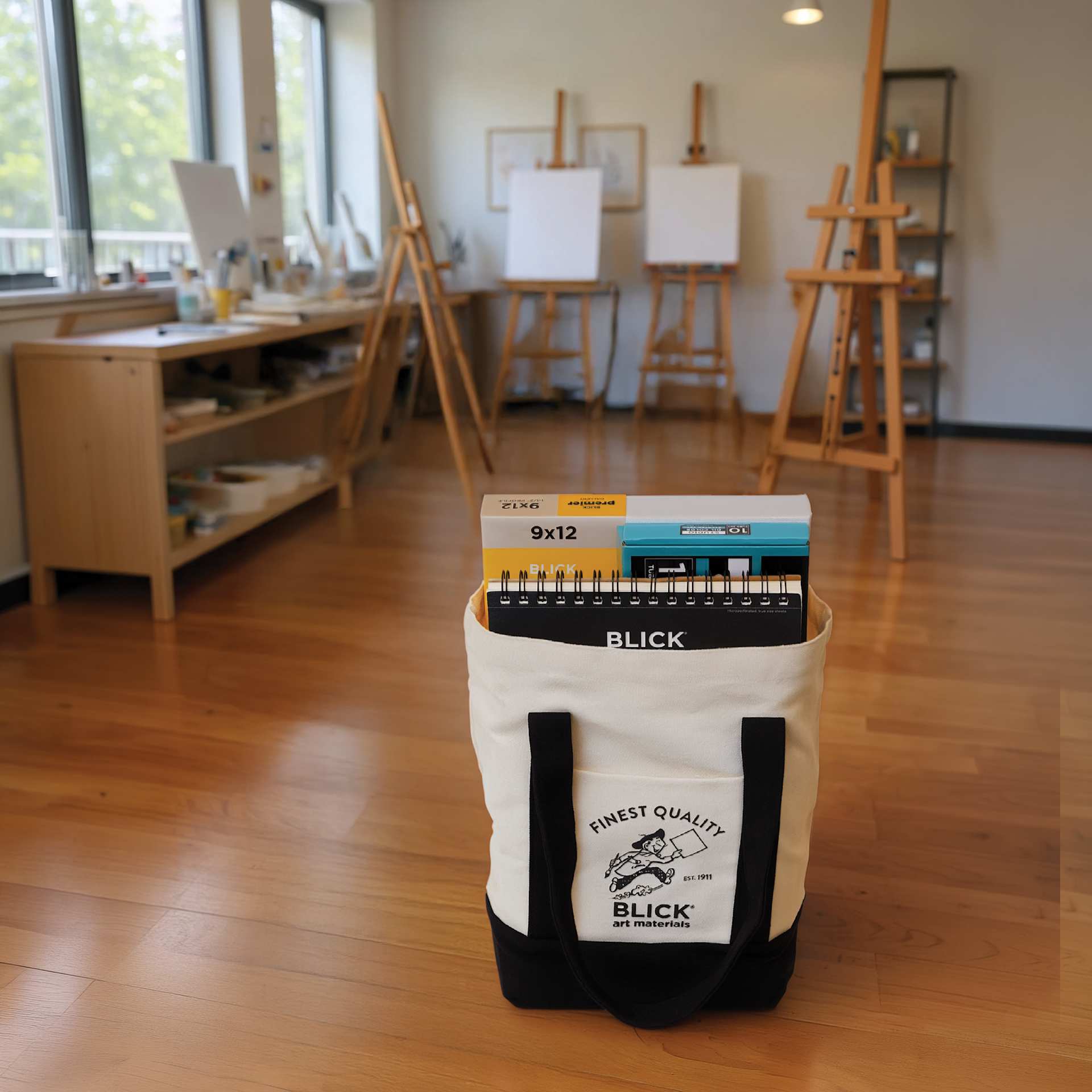 Blick Mini Canvas Tote - filled tote on floor of art sudio