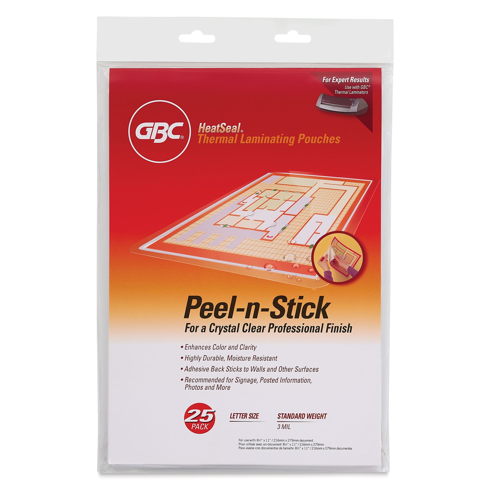 GBC Peel ‘N Stick Thermal Laminating Pouches - 9" x 11-1/2", Pkg of 25, front of packaging
