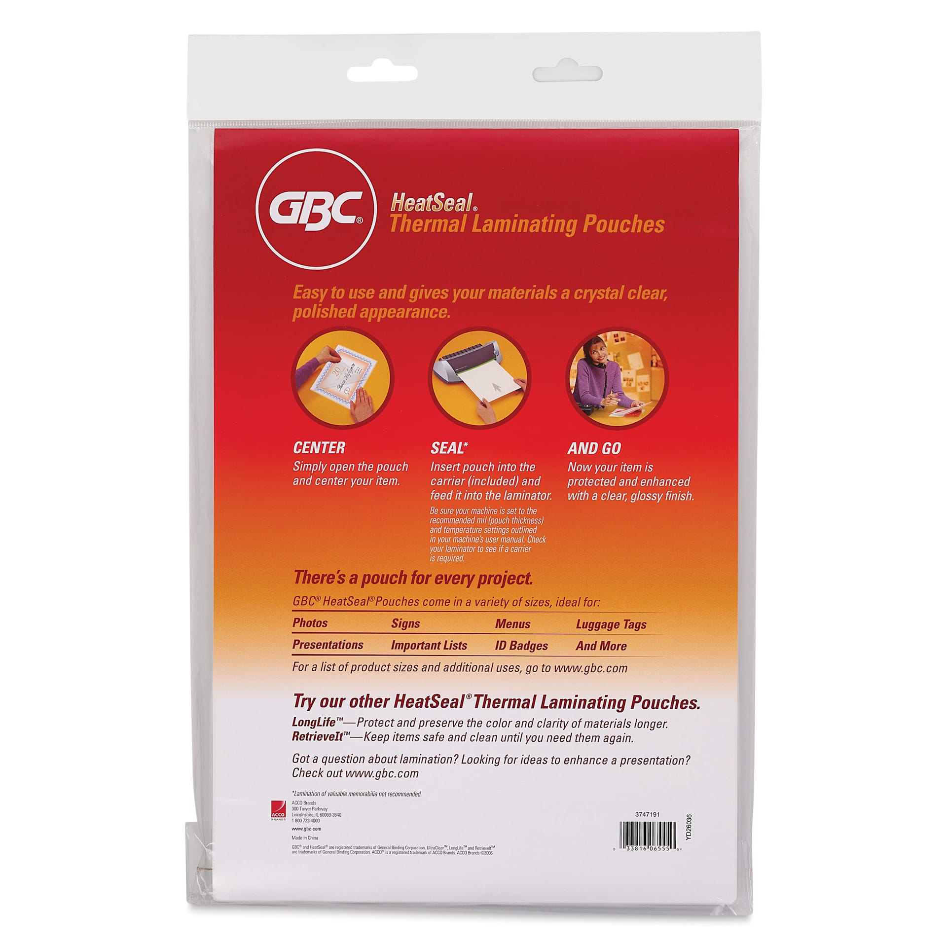 GBC Peel ‘N Stick Thermal Laminating Pouches - 9" x 11-1/2", Pkg of 25, back of packaging