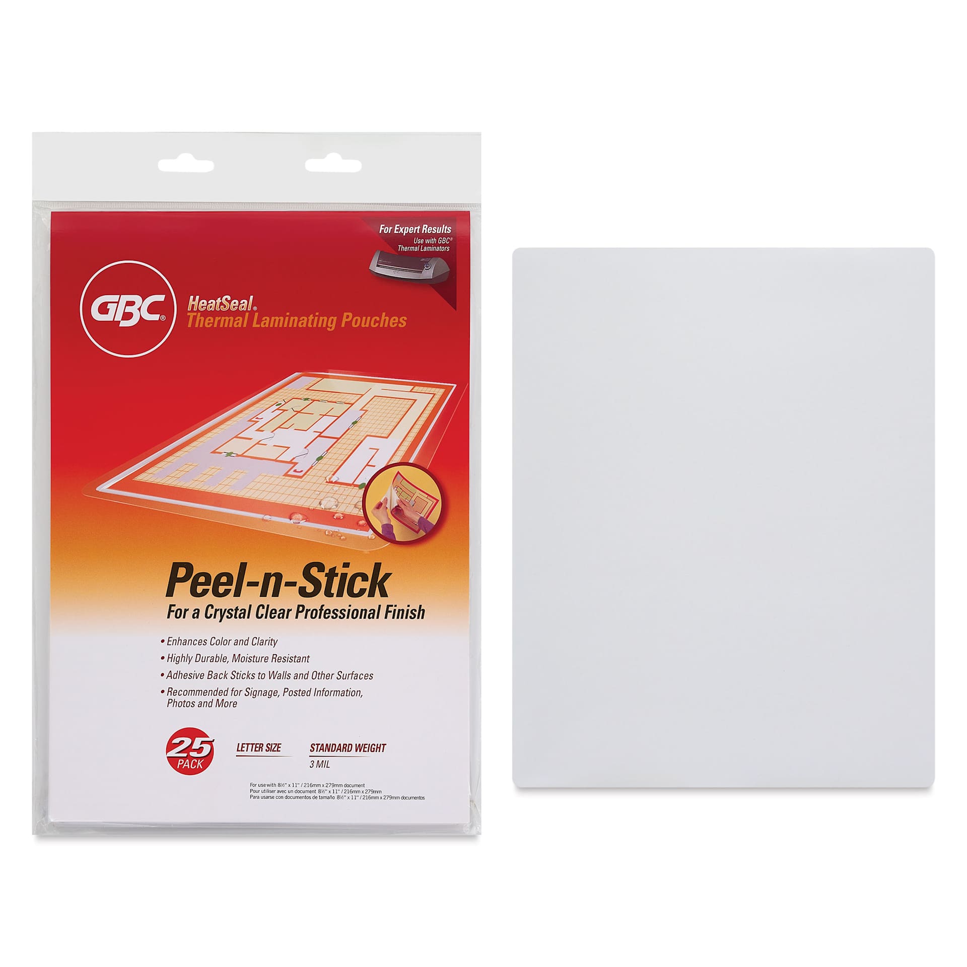 GBC Peel ‘N Stick Thermal Laminating Pouches - 9" x 11-1/2", Pkg of 25, packaging and contents