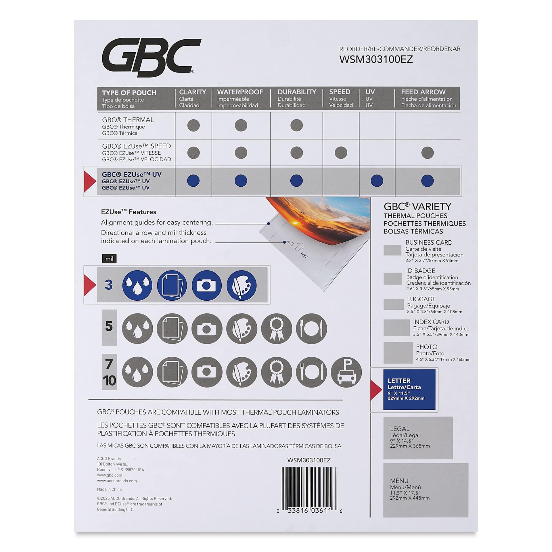 GBC EZUse UV Thermal Laminating Pouches - Pkg of 100, 3ml back of packaging