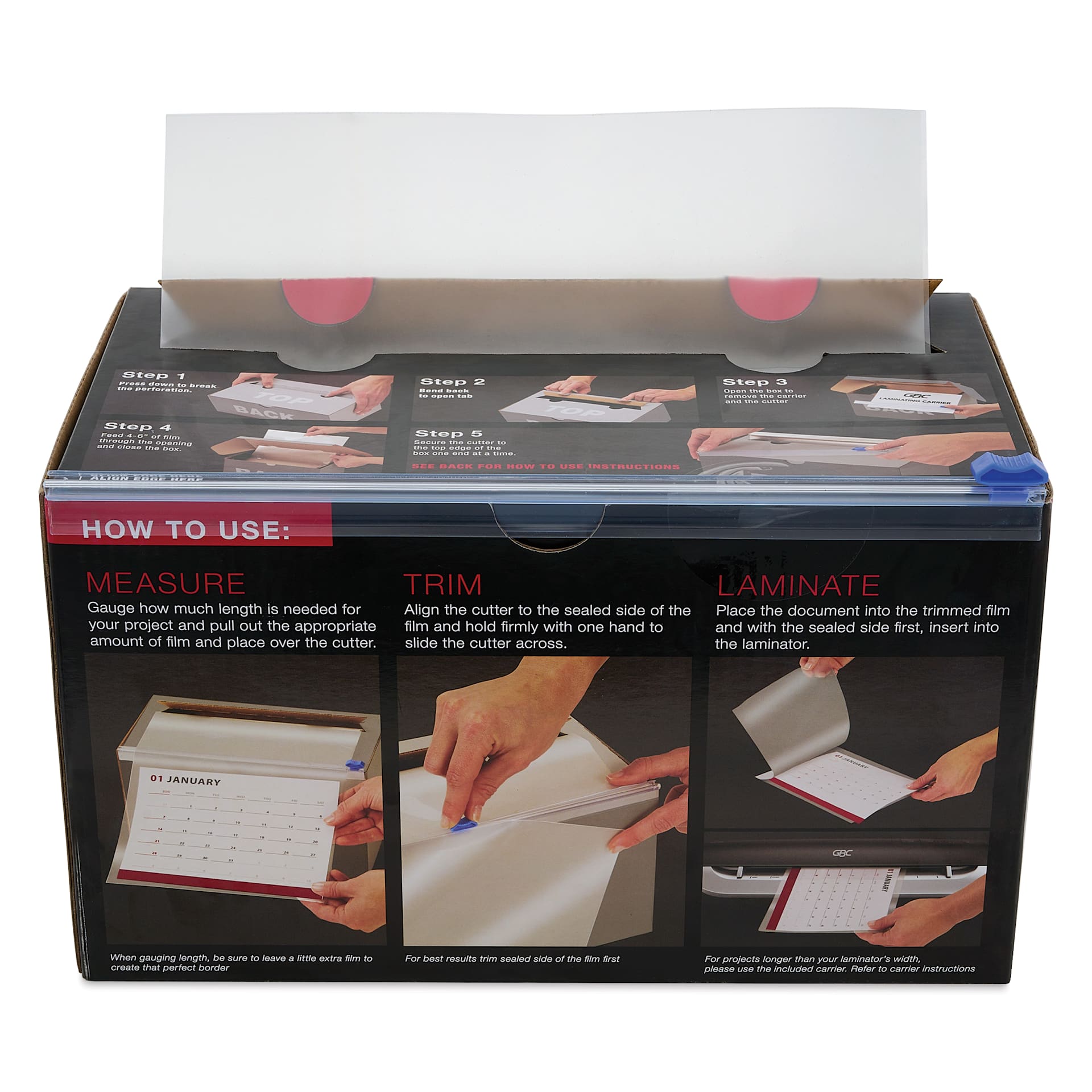 GBC Select-A-Size Thermal Lamination Film - 3 mil, 9" x 100' Roll front of packaging showing trimmer