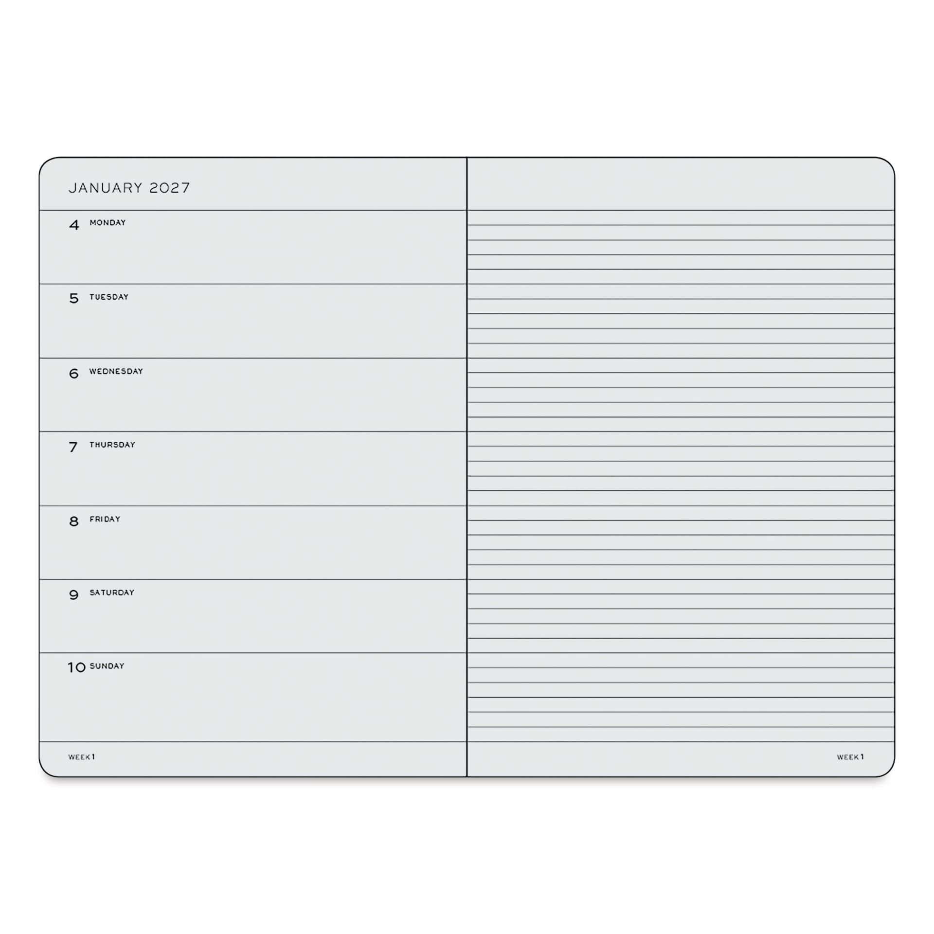 Leuchtturm1917 18-Month Weekly Planner & Notebook 2027 - 5-3/4" x 8-1/4", Black, open