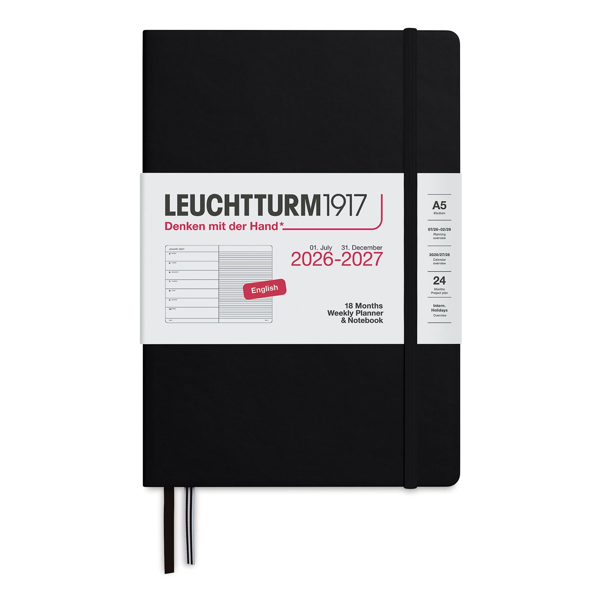 Leuchtturm1917 18-Month Weekly Planner & Notebook 2027 - 5-3/4" x 8-1/4", Black