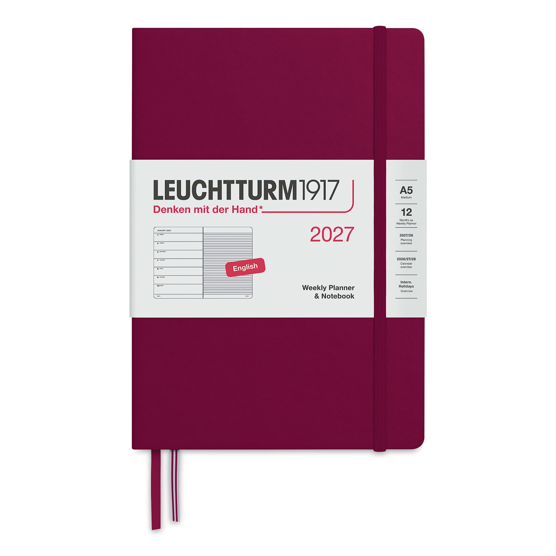 Leuchtturm1917 Weekly Planner & Notebook 2027 - 5-3/4" x 8-1/4", Port Red