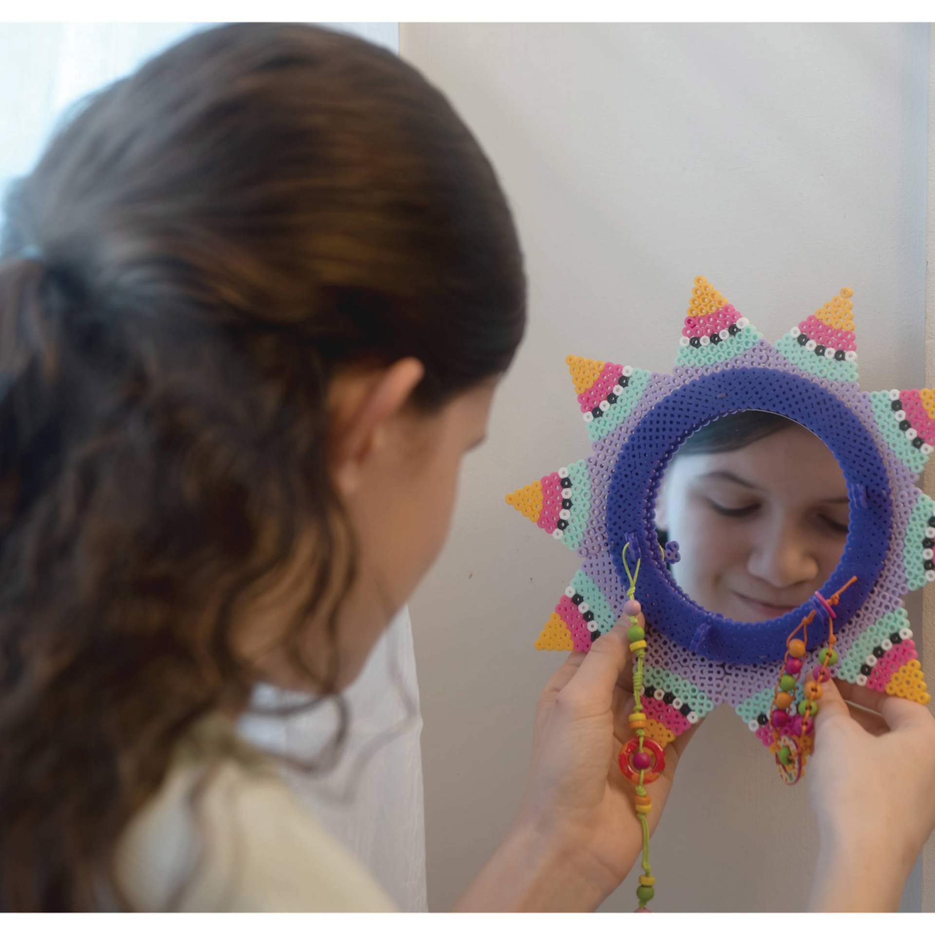 Perler Bead D.I.Y. Jewelry Organizer Activity Kit demonstration of jewelry organizer mirror