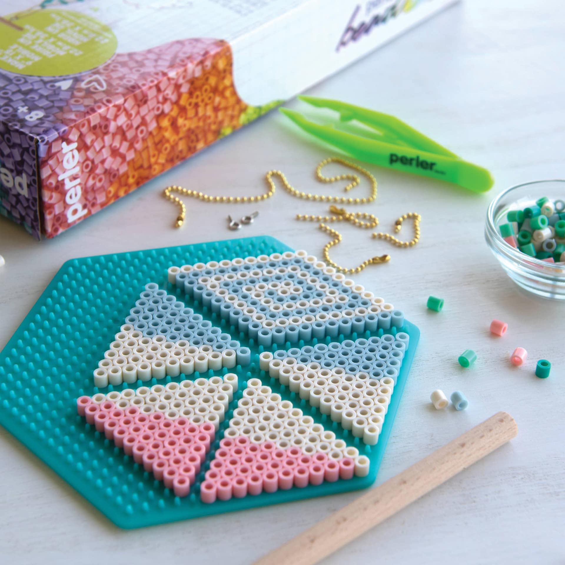 Perler Bead D.I.Y. Geometric Mobile Activity Kit mobile creation in progress