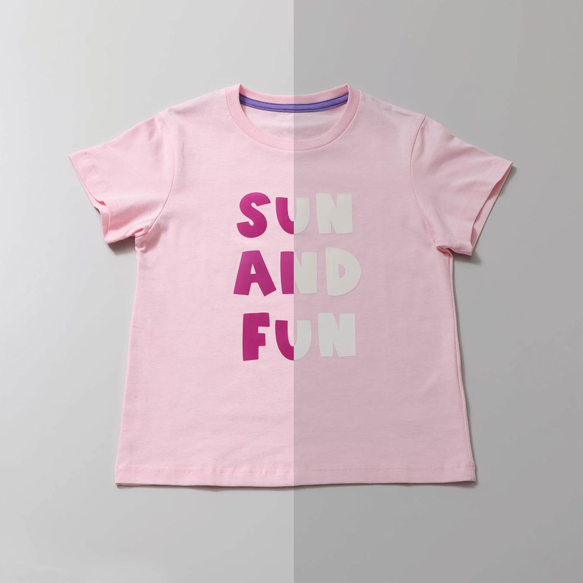 Cricut UV Color Changing Iron-On Vinyl - Pink, words on t-shirt exposed to UV light