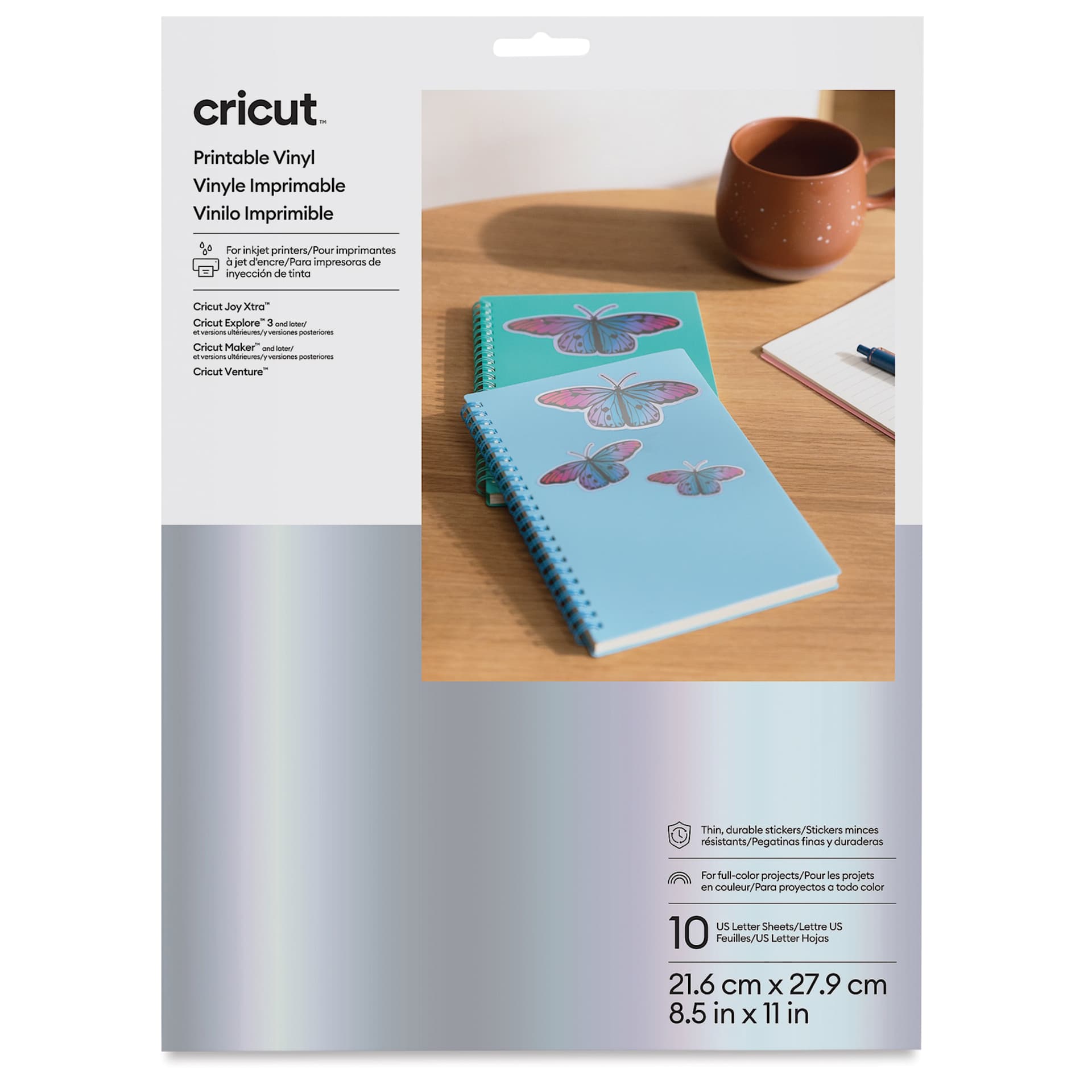 Cricut Printable Vinyl - Silver, 8-1/2" x 11", Pkg of 10 front of packaging