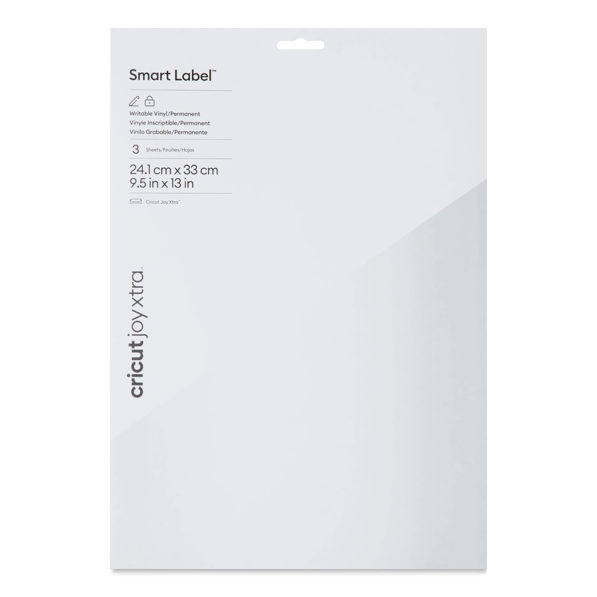 Cricut Joy Xtra Permanent Smart Label Writable Vinyl Sheets - 9-1/2" x 13", Pkg of 3 front of packaging