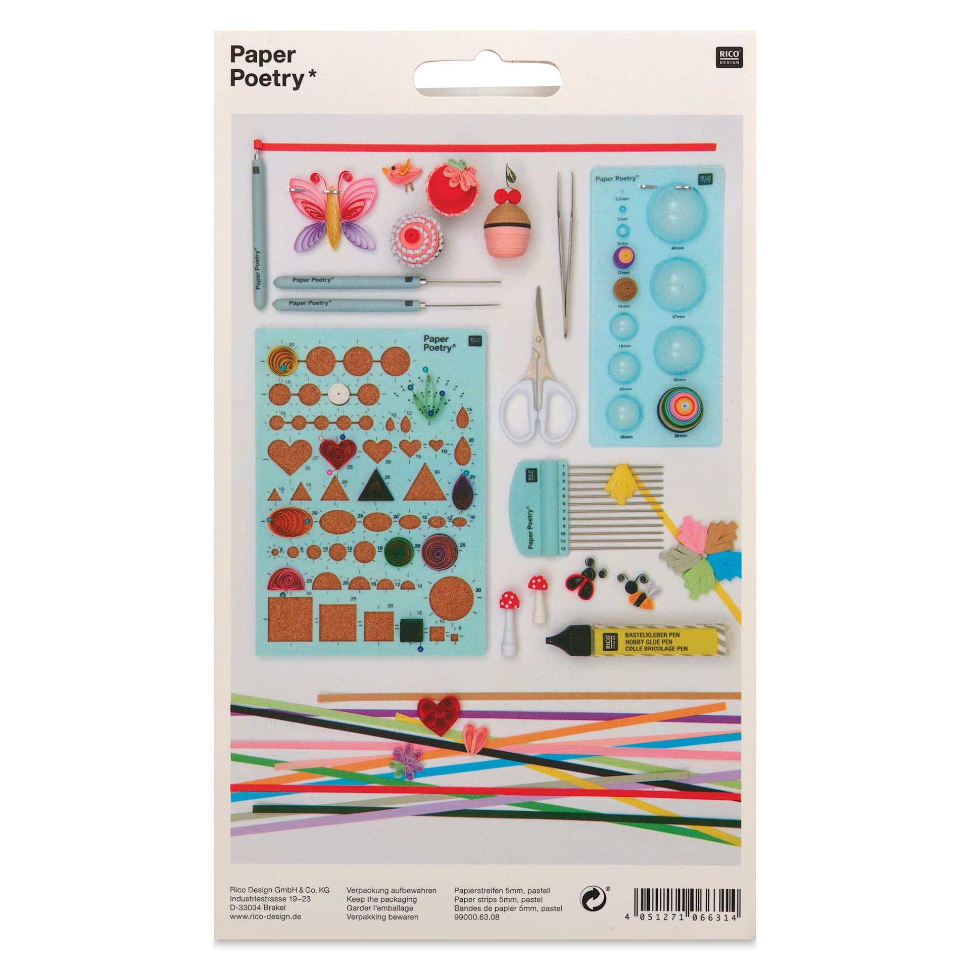 Rico Design Paper Poetry Quilling Paper Strip Set - Pastel, 5 mm x 40 cm, Pkg of 200 - back of packaging