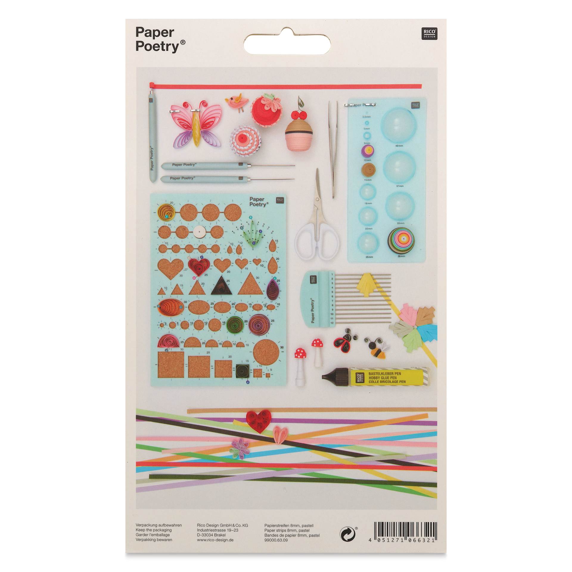 Rico Design Paper Poetry Quilling Paper Strip Set - Pastel, 8 mm x 40 cm, Pkg of 200 - back of packaging