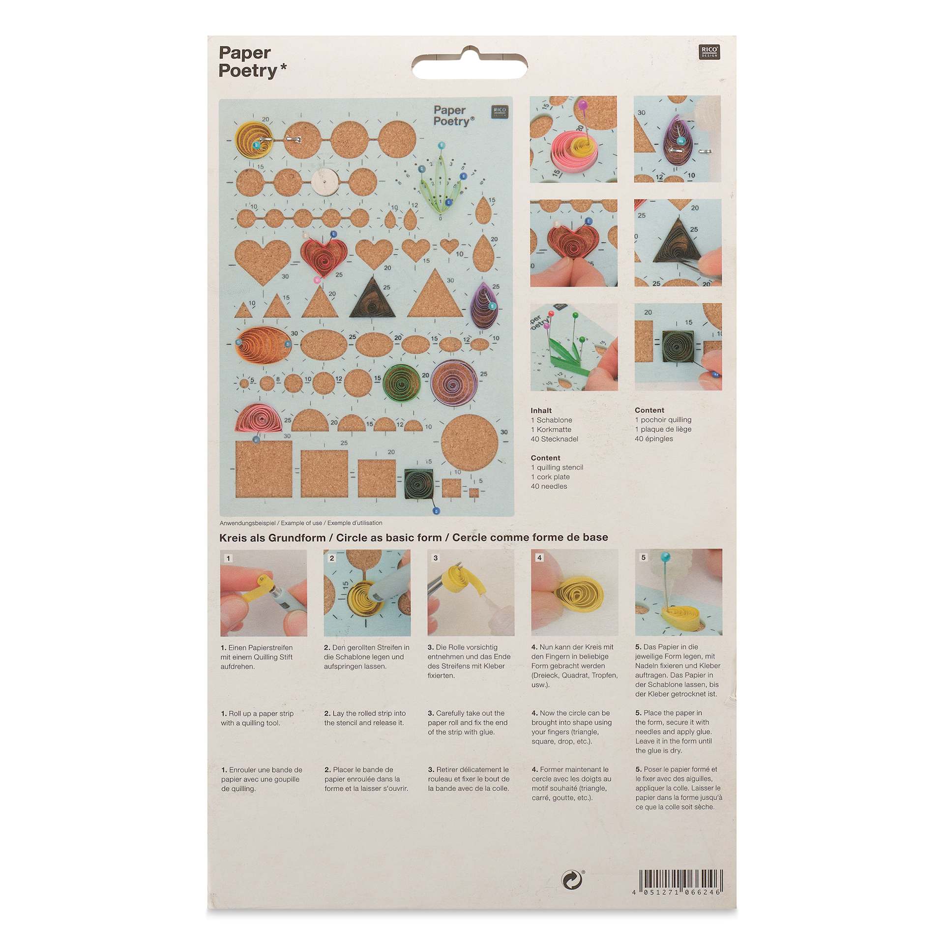 Rico Design Paper Poetry Quilling Cork Stencil Set - back of packaging