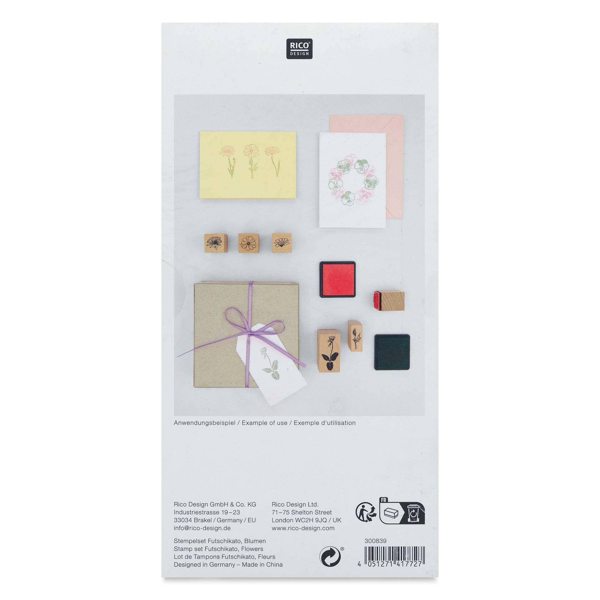 Rico Design Paper Poetry Stamp Set - Set of 24, Flowers with Two Ink Pads back of packaging