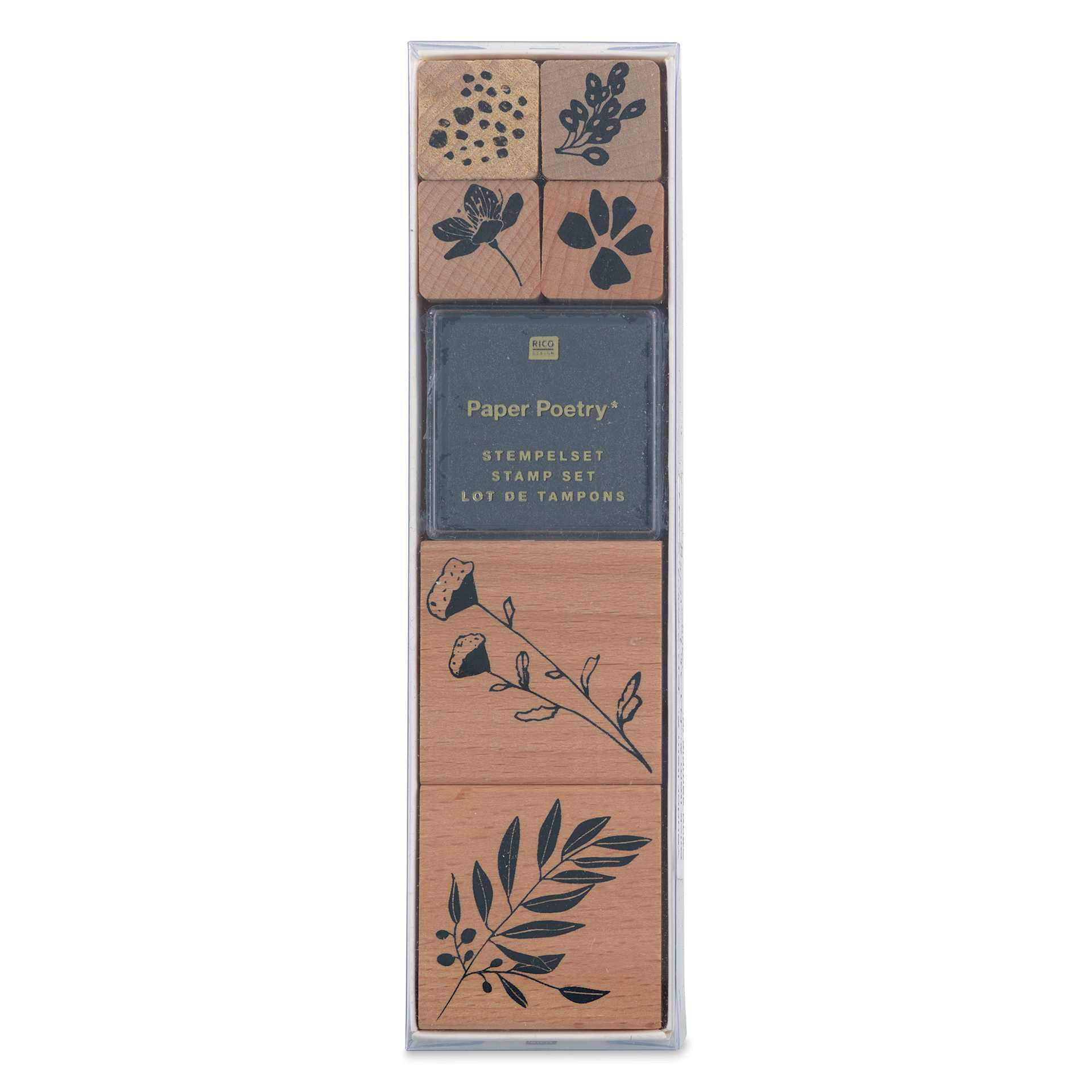 Rico Design Paper Poetry Stamp Set - Set of 7, Floral Motifs front of packaging