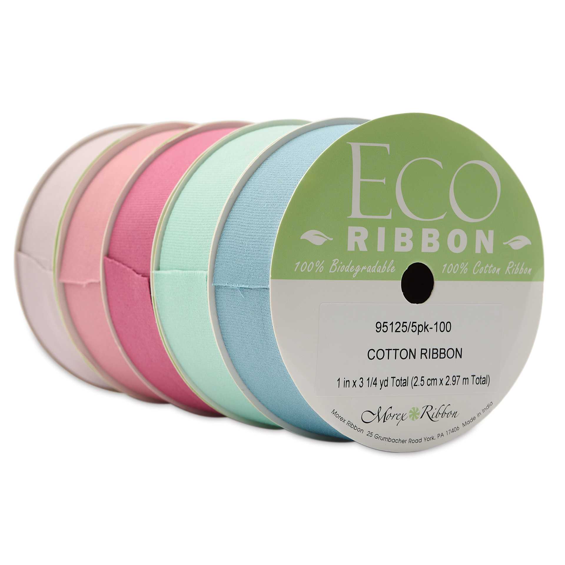 Morex Cotton Eco Ribbon - Assorted Colors, 1" x 3.25 yd, Pkg of 5, at an angle