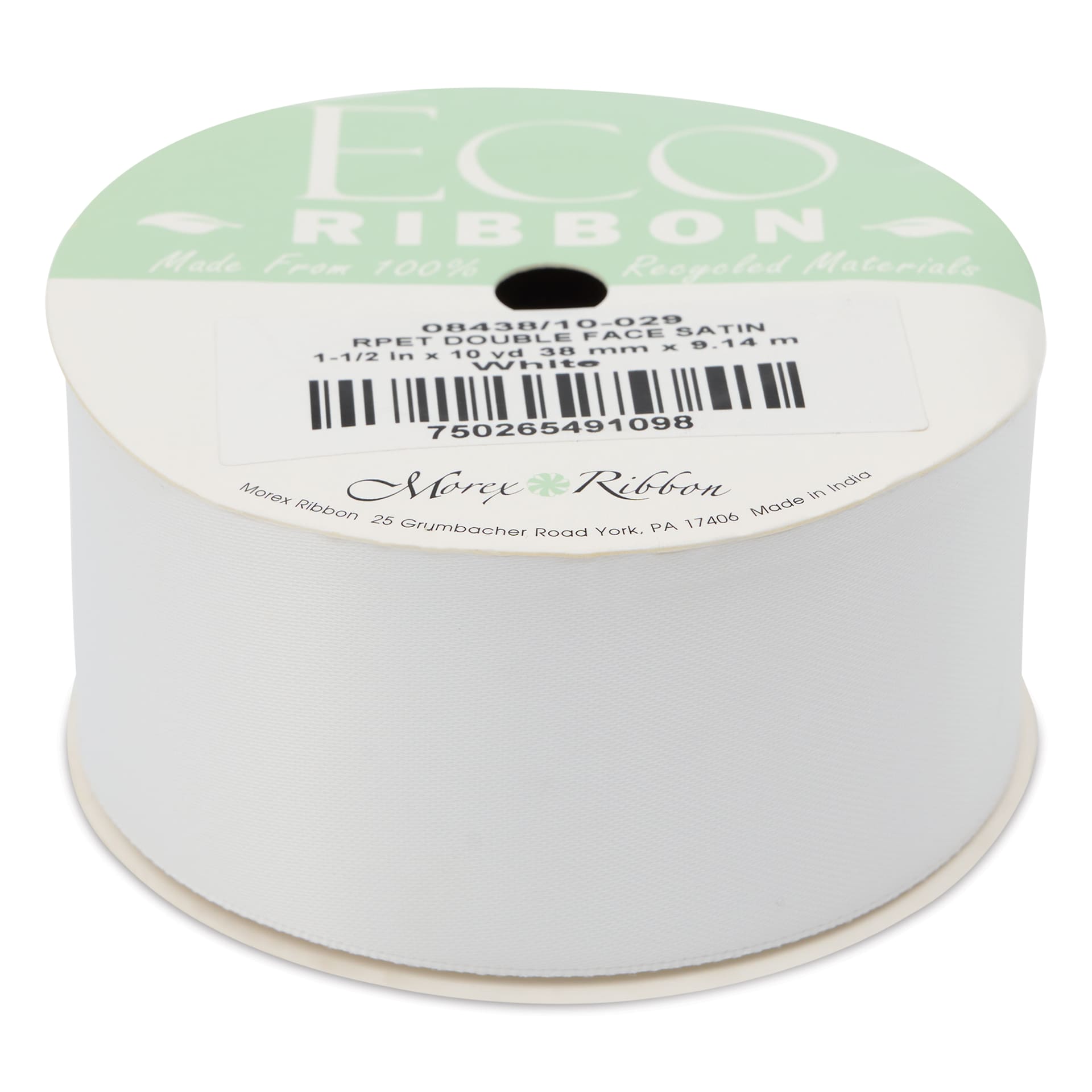 Morex Recycled Double Faced Satin Ribbon - White, 1-1/2" x 10 yd, flat